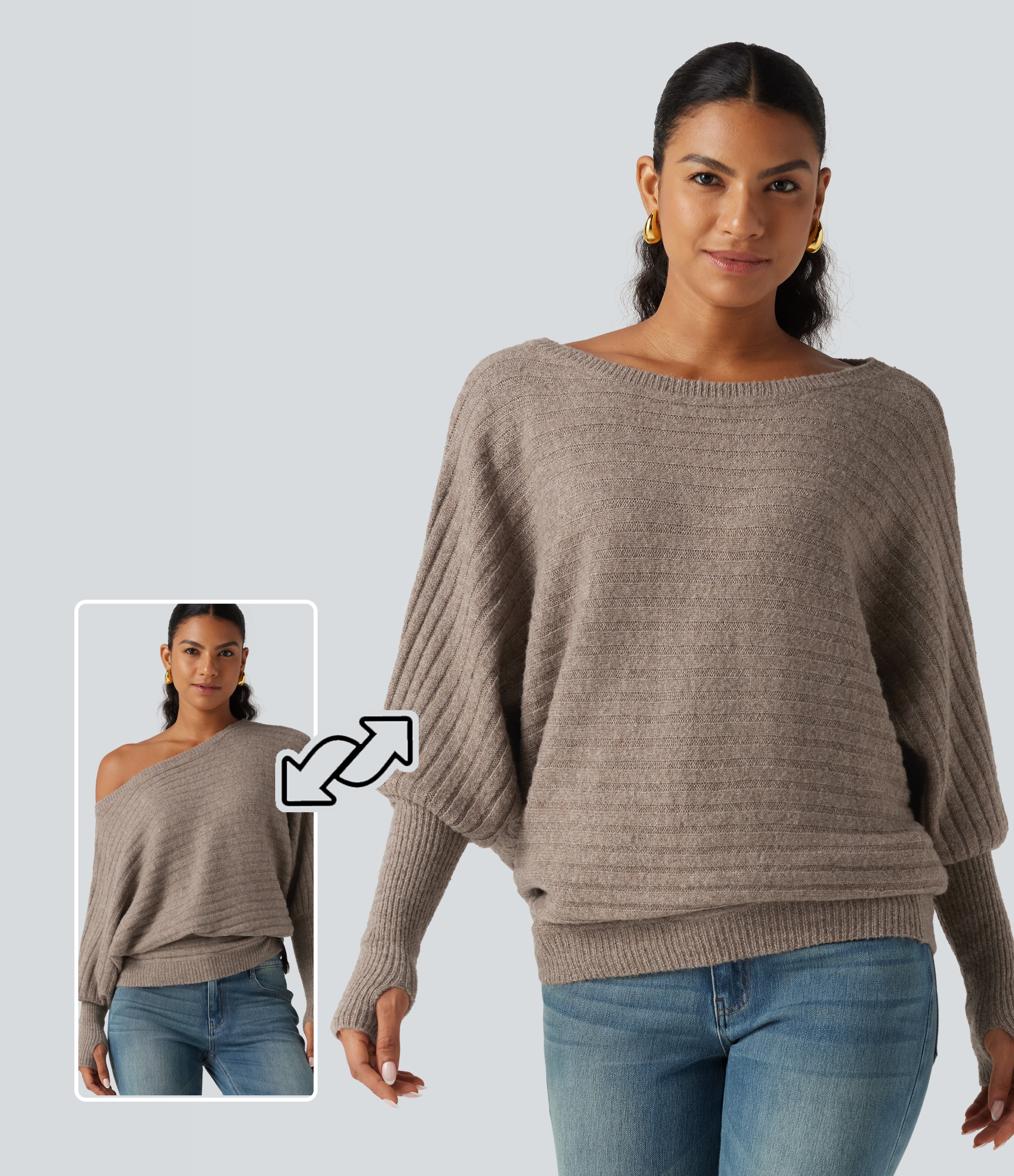 Lässiger Pullover aus Wollmischung mit U-Boot-Ausschnitt, langen Fledermausärmeln und Daumenlöchern