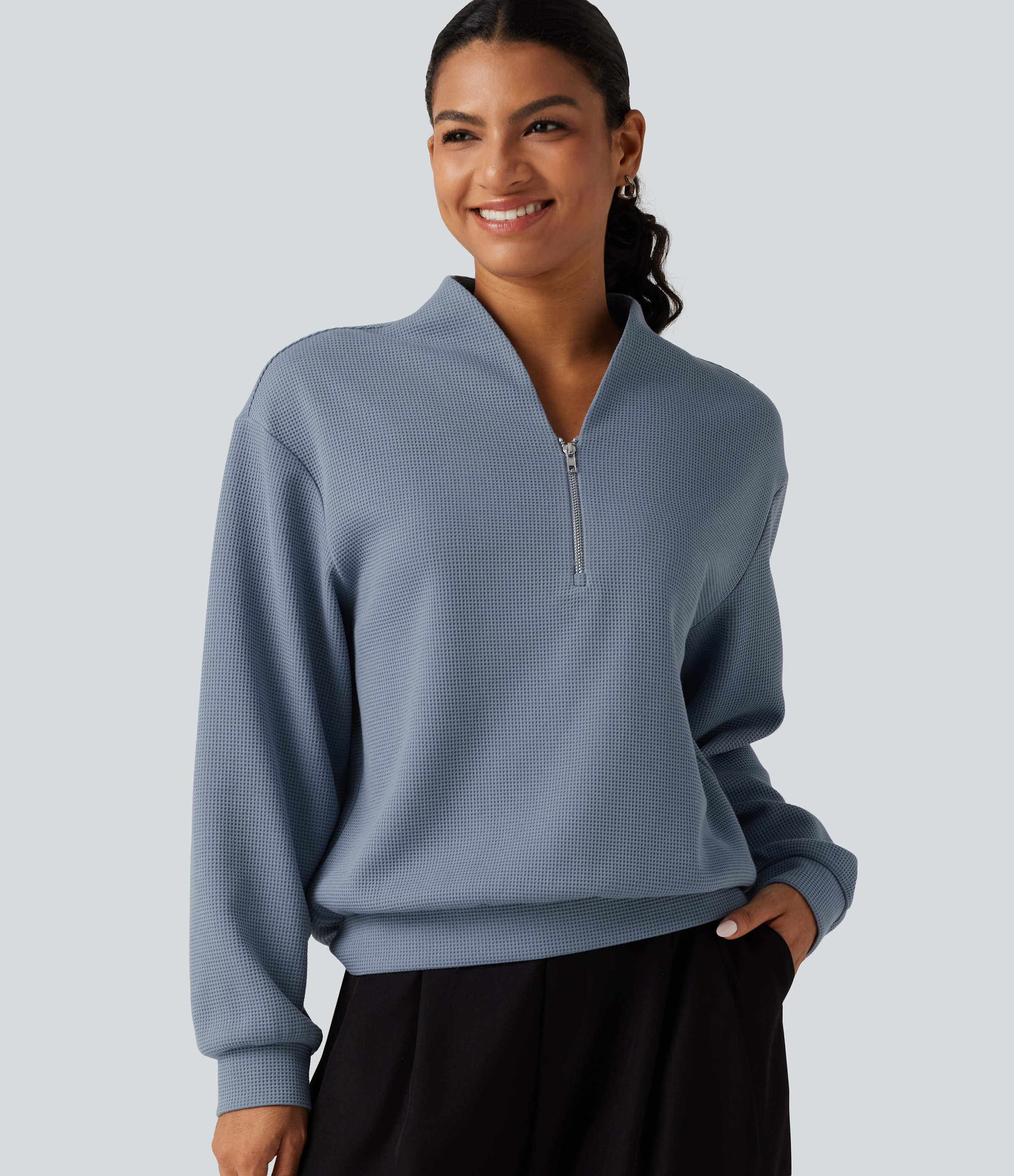 V Neck Long Sleeve Waffle Casual Sweatshirt