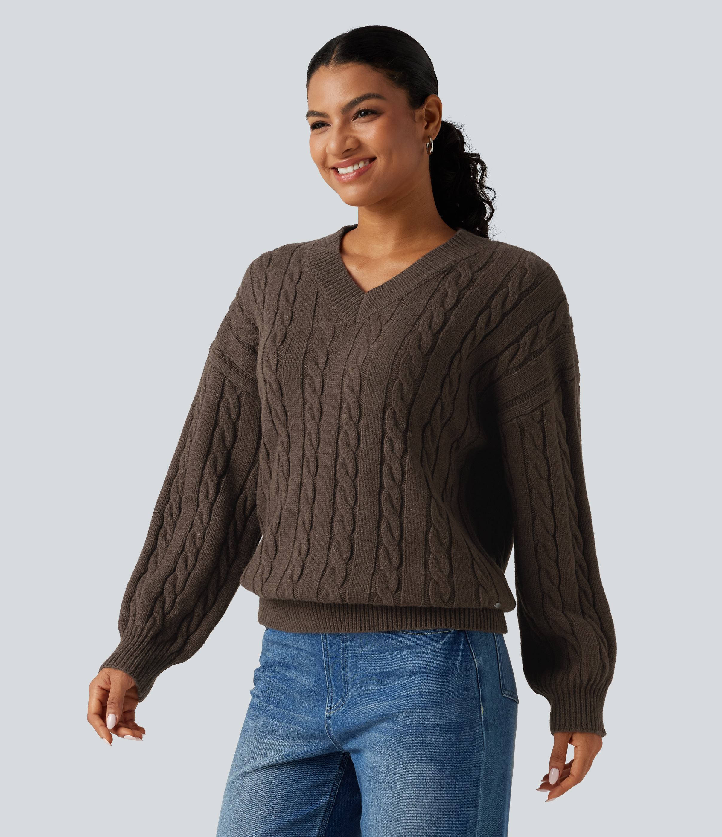 V Neck Dropped Long Sleeve Cable Knit Casual Wool-Blend Sweater