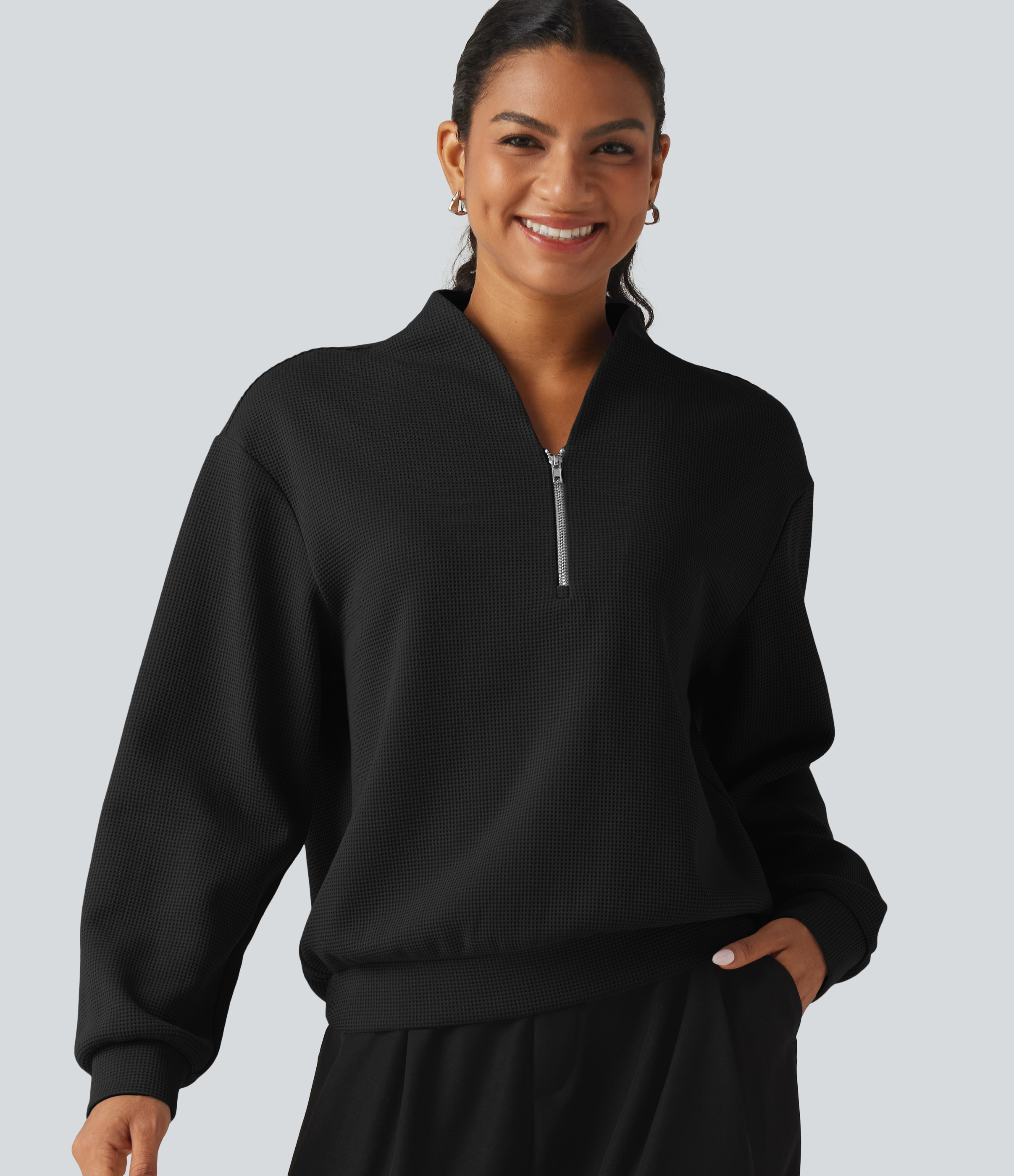 V Neck Long Sleeve Waffle Casual Sweatshirt