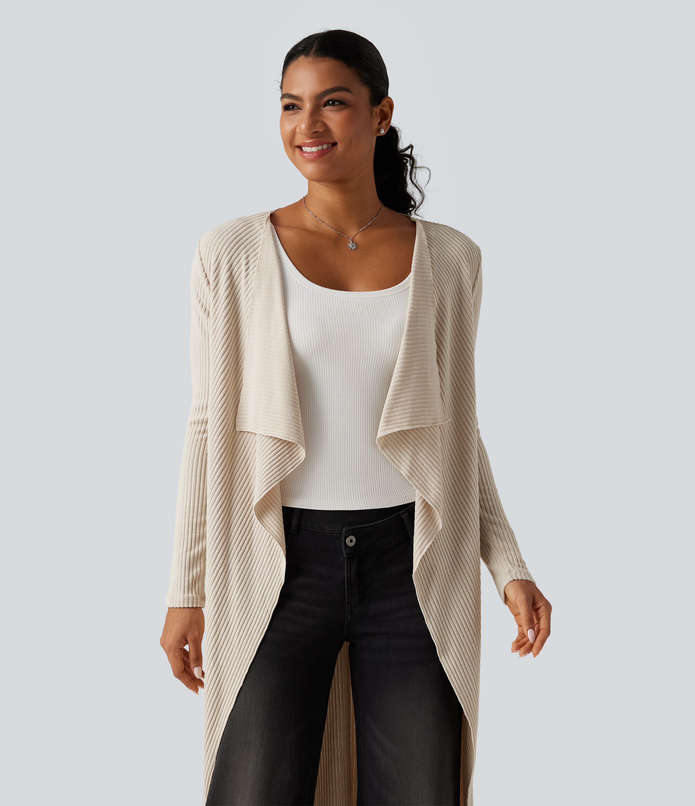 Ribbed Knit Open Front Long Sleeve Casual Longline Waterfall Cardigan with Pockets