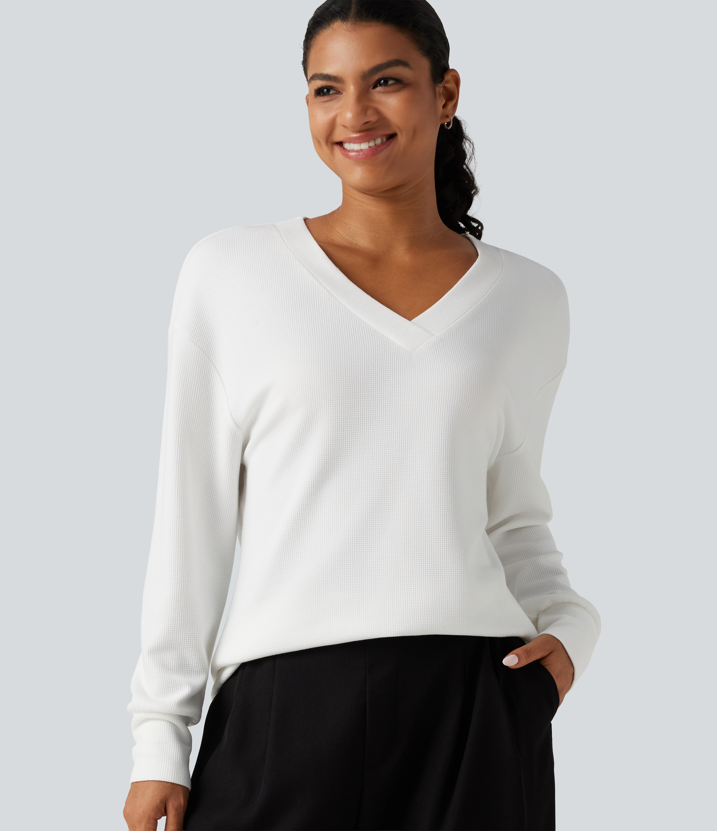 V Neck Long Sleeve Waffle Yoga Top