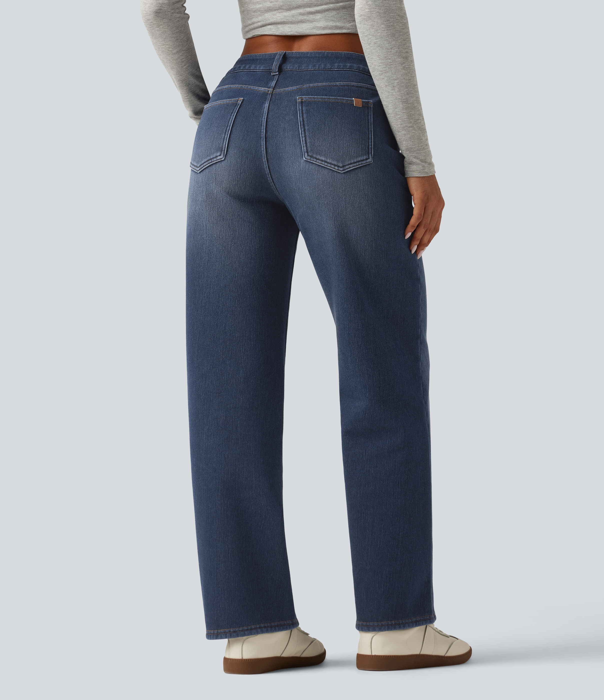 Estate Blue Denim Jean droit doublé polaire à taille mi-haute, design asymétrique avec poches / 2