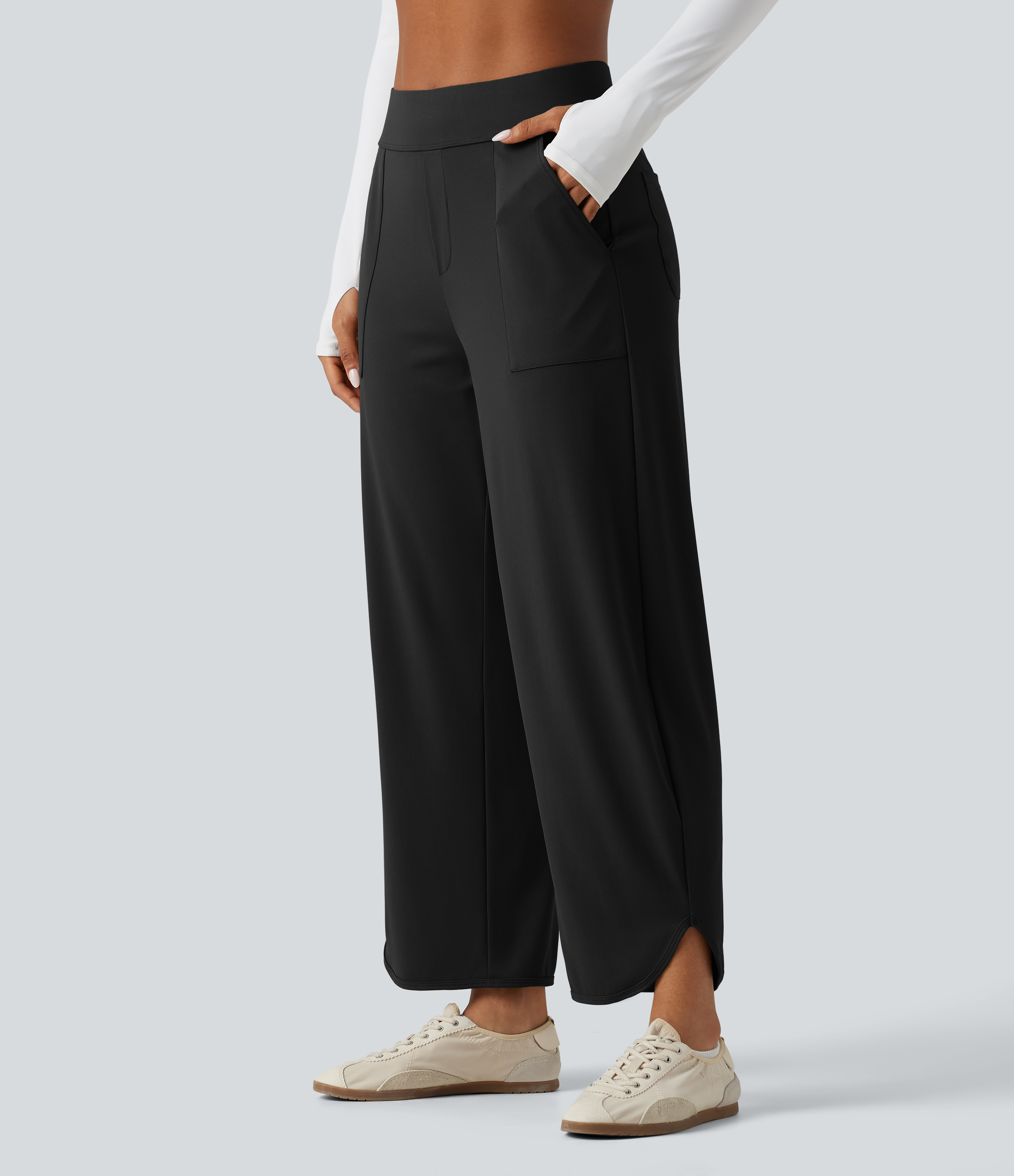 High Waisted Barrel Leg Curved Hem Quick Dry Dance Pants with Pockets-UPF40+