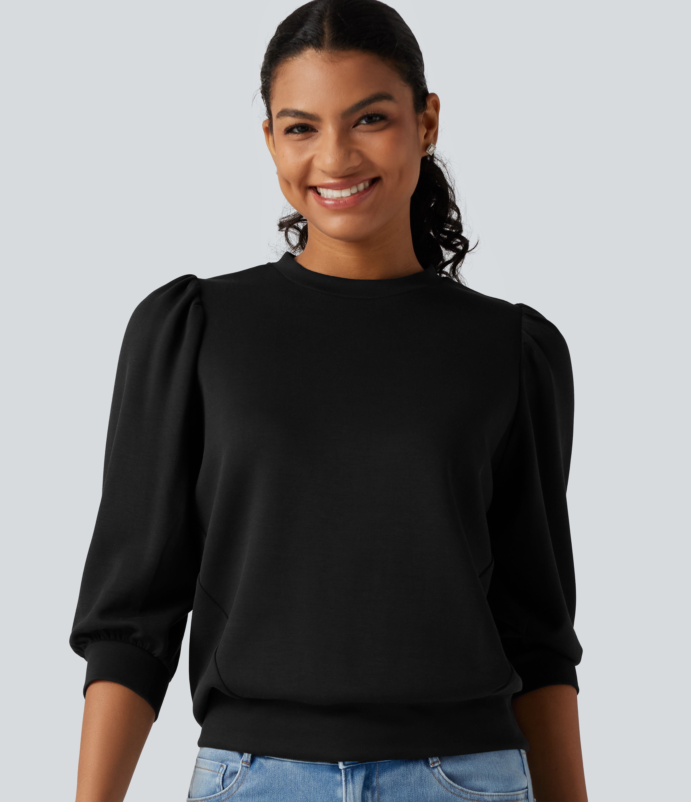 Round Neck Puff 3/4 Sleeve Casual Sweatshirt