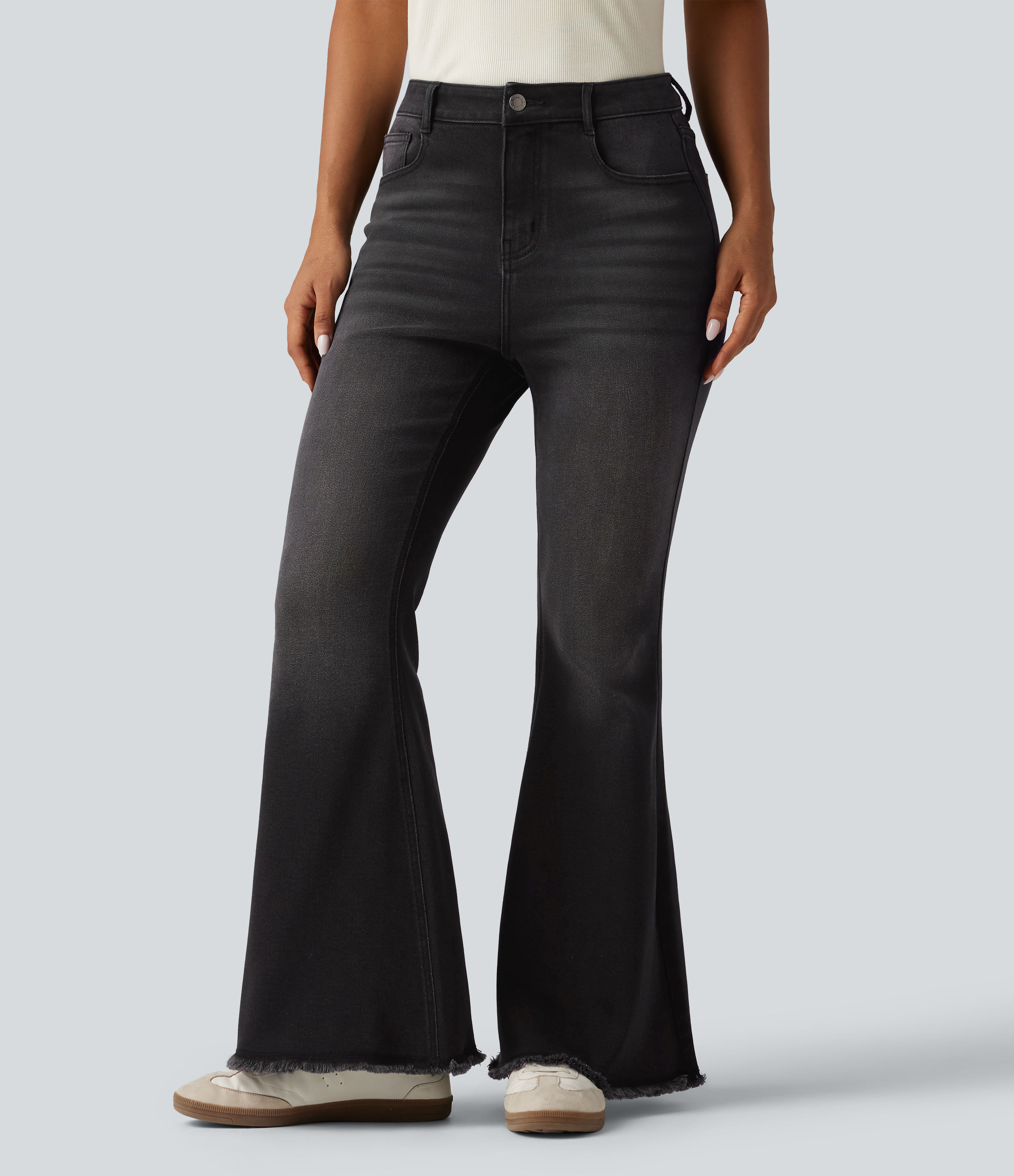 High Waisted Bootcut Raw Hem Casual Jeans with Pockets