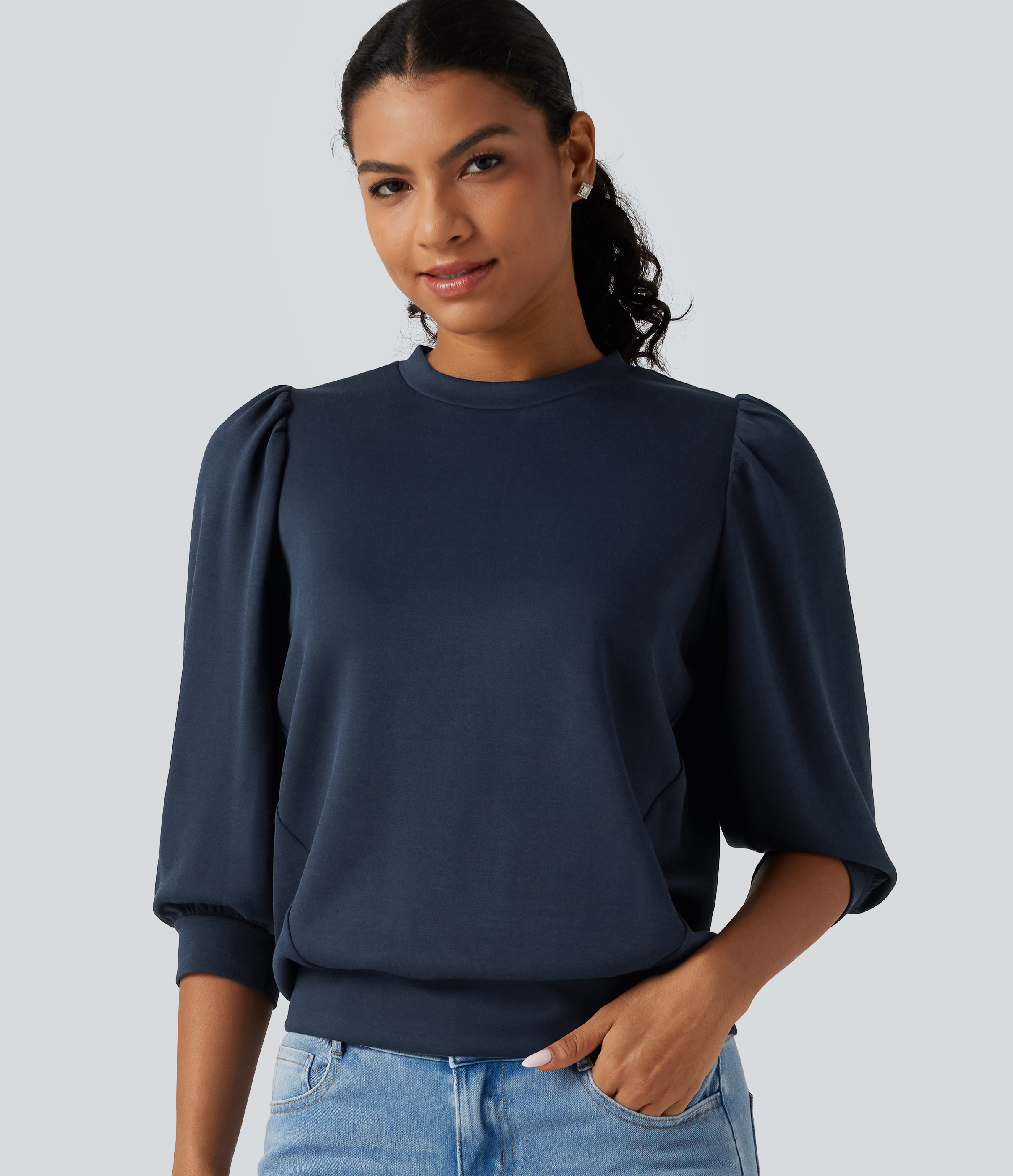 Round Neck Puff 3/4 Sleeve Casual Sweatshirt