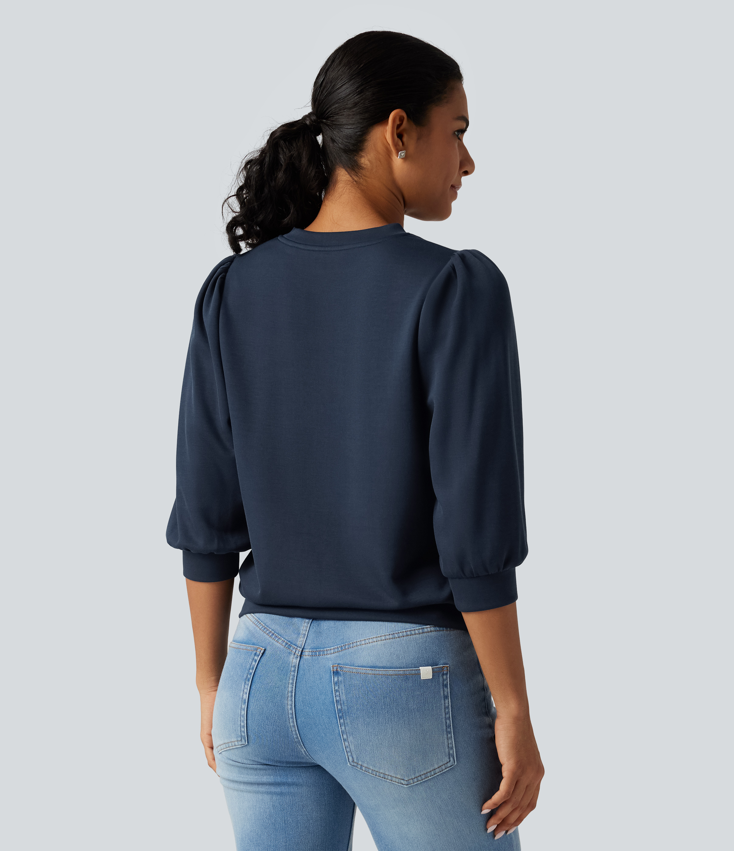 Dress Blues Bluza casual cu guler rotund și mâneci bufante 3/4 / 2
