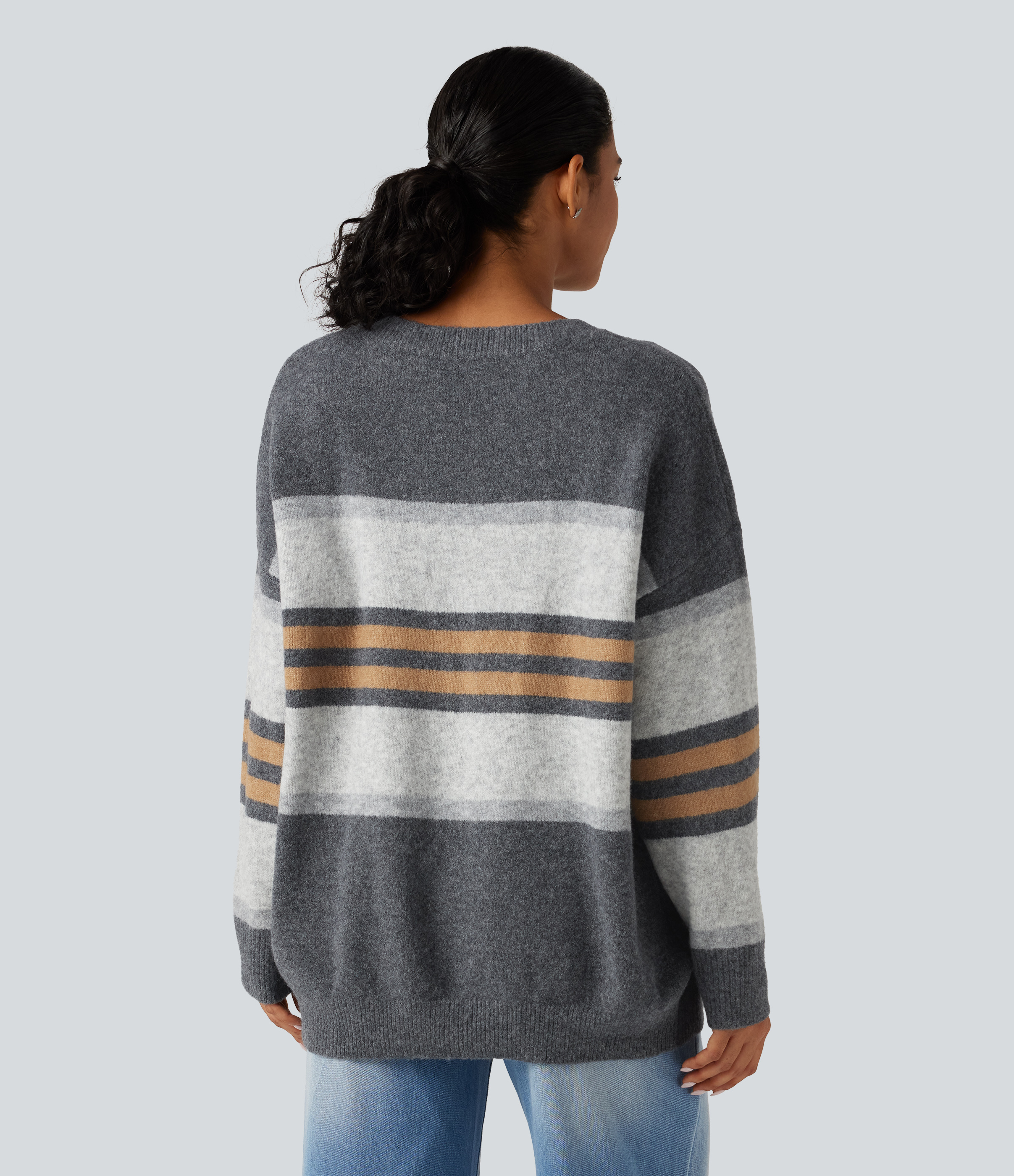 Malt Stripe Round Neck Long Sleeve Oversize Striped Casual Jumper / 2