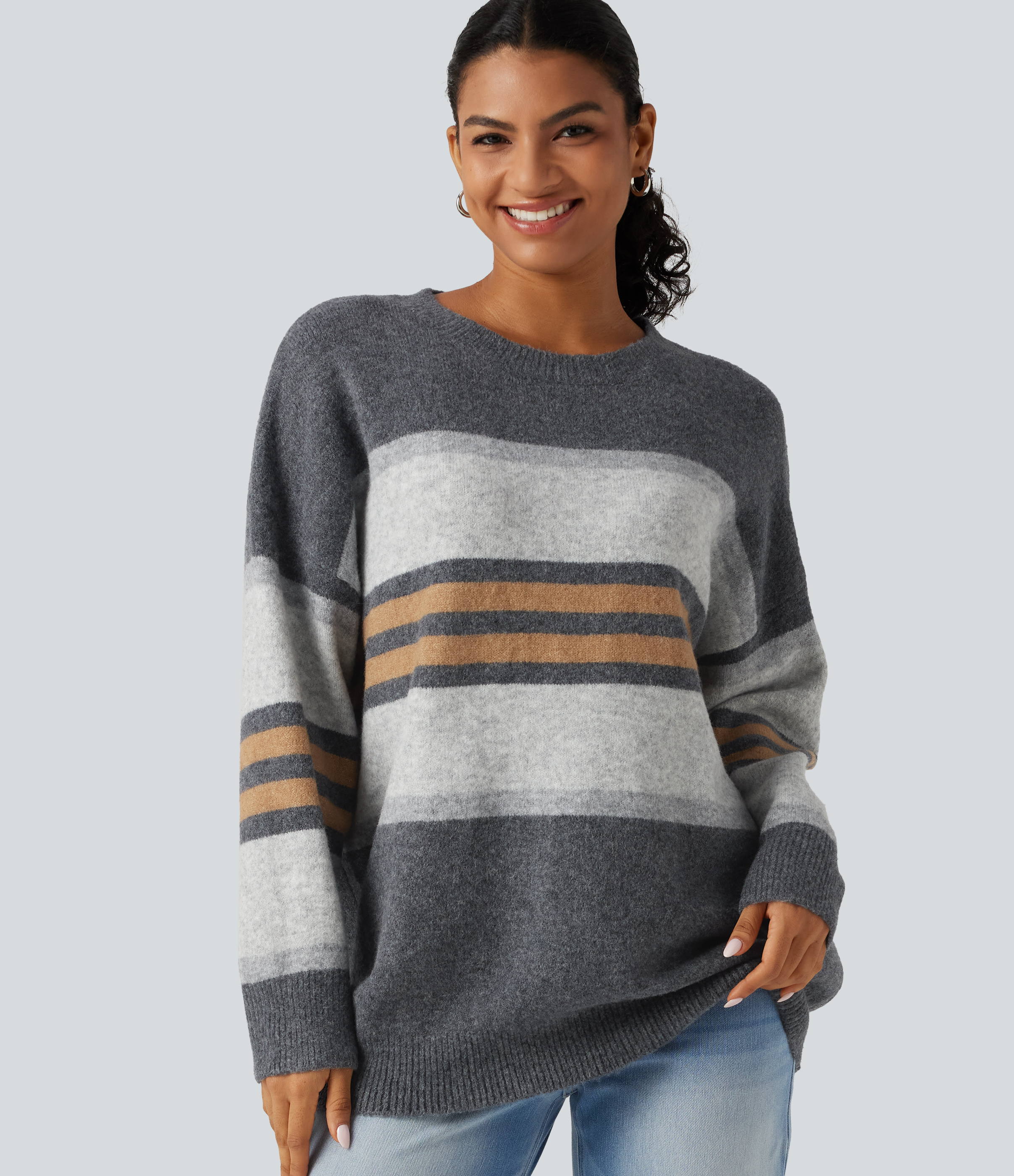 Round Neck Long Sleeve Oversize Striped Casual Jumper