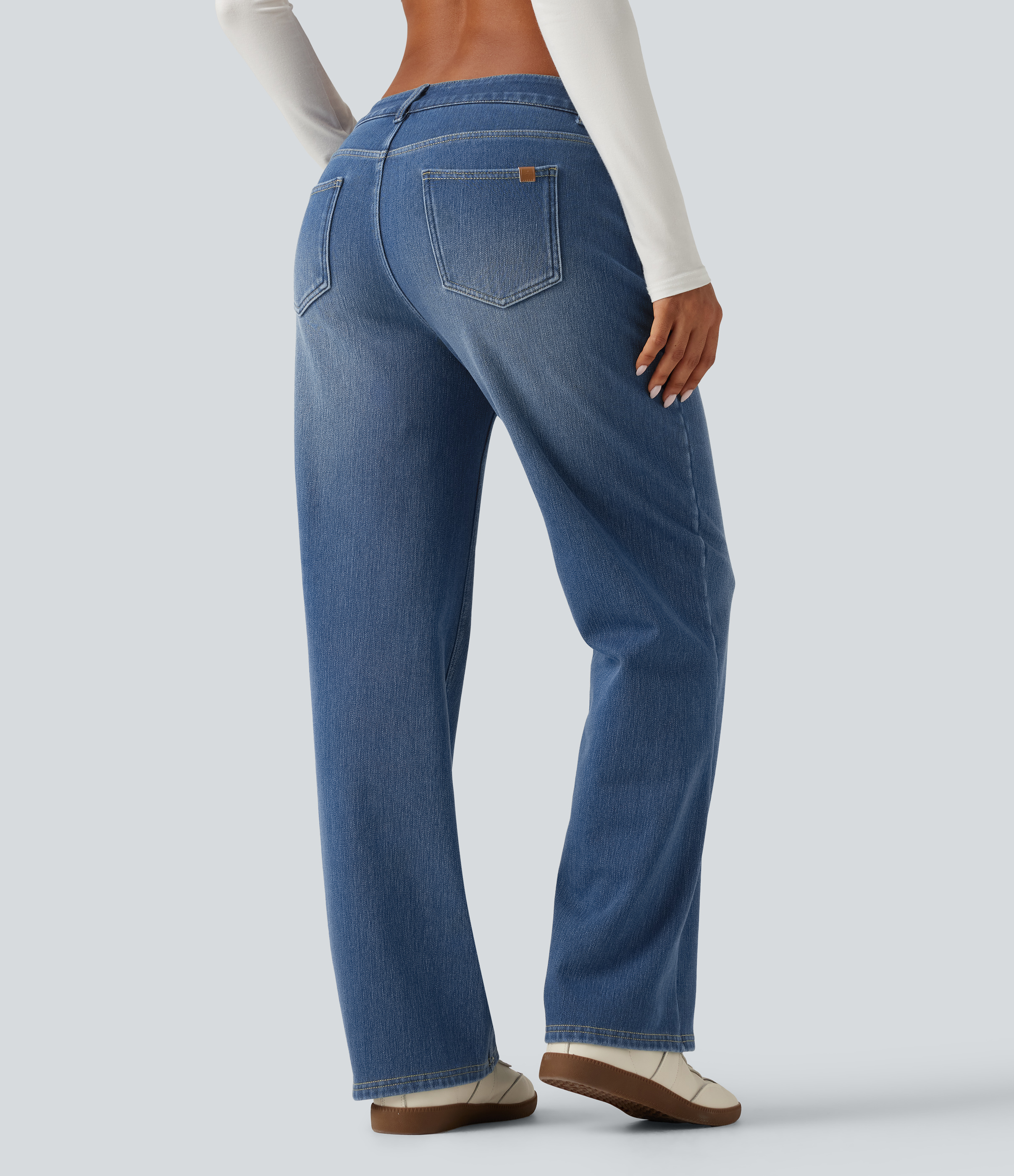  Blue Jasper Denim Mid Rise Asymmetric Straight Leg Fleece Casual Jeans with Pockets / 2