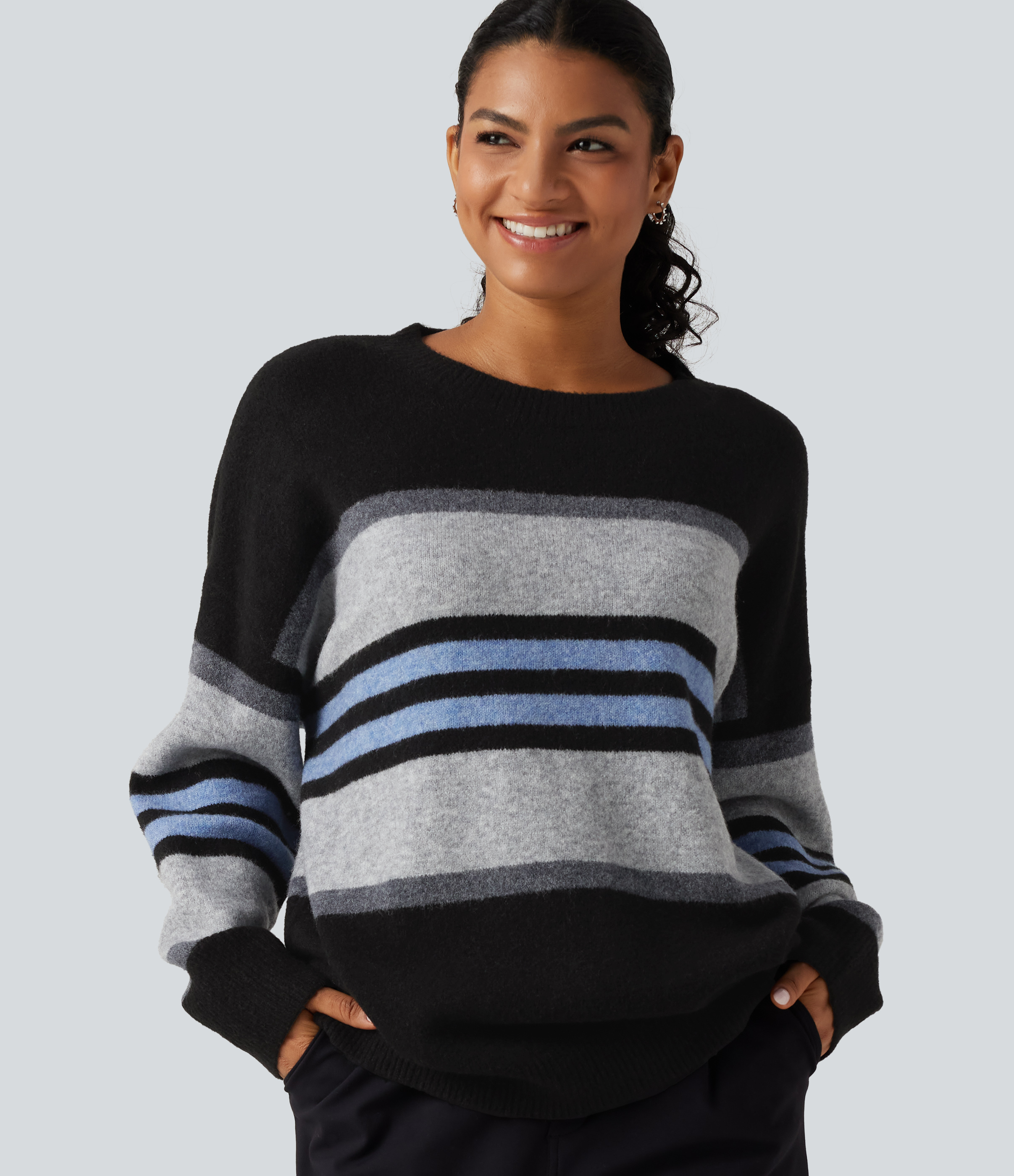 Round Neck Long Sleeve Striped Casual Sweater