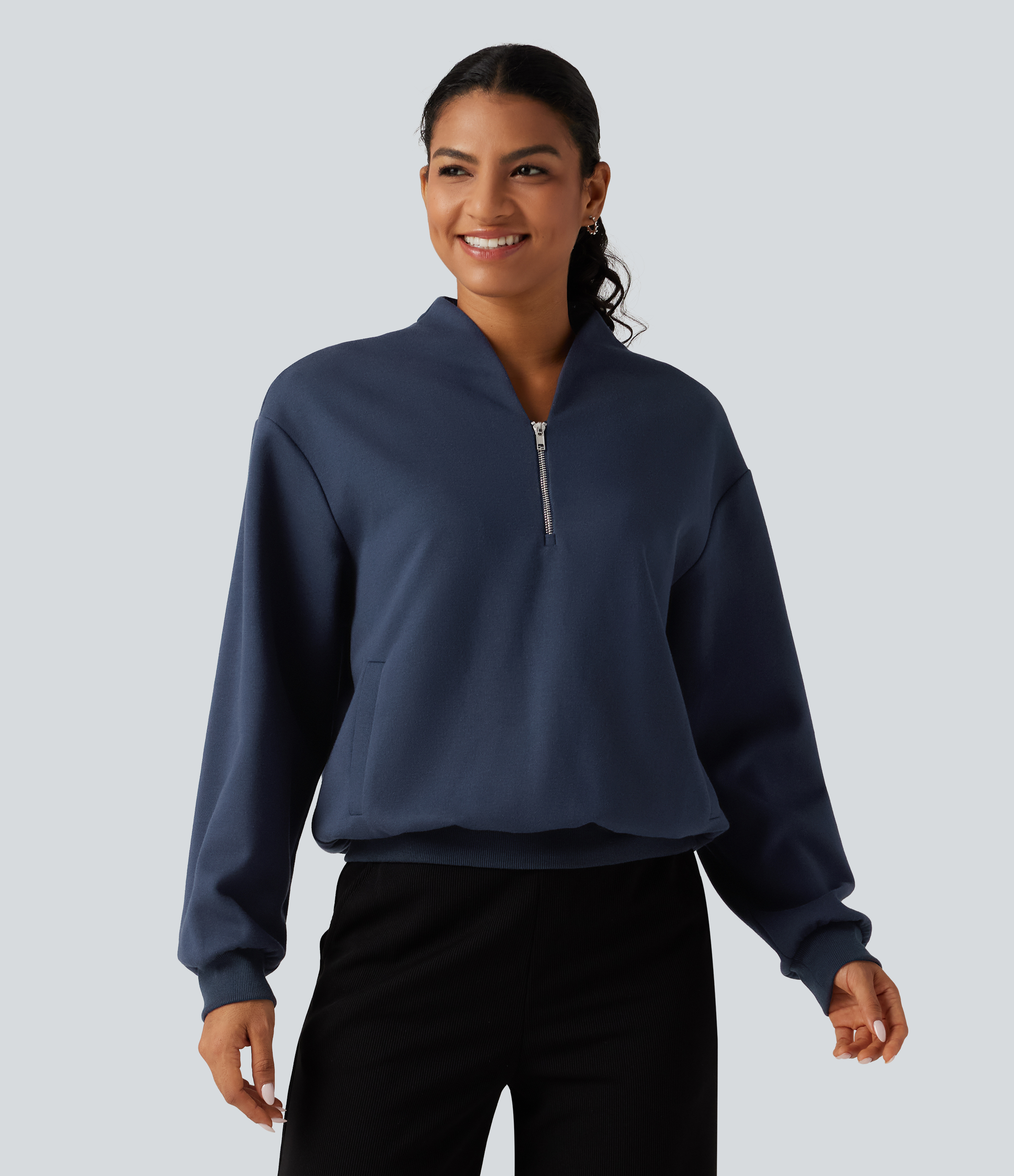 Stand Collar Open Front Long Sleeve Casual Cotton Sweatshirt with Pockets