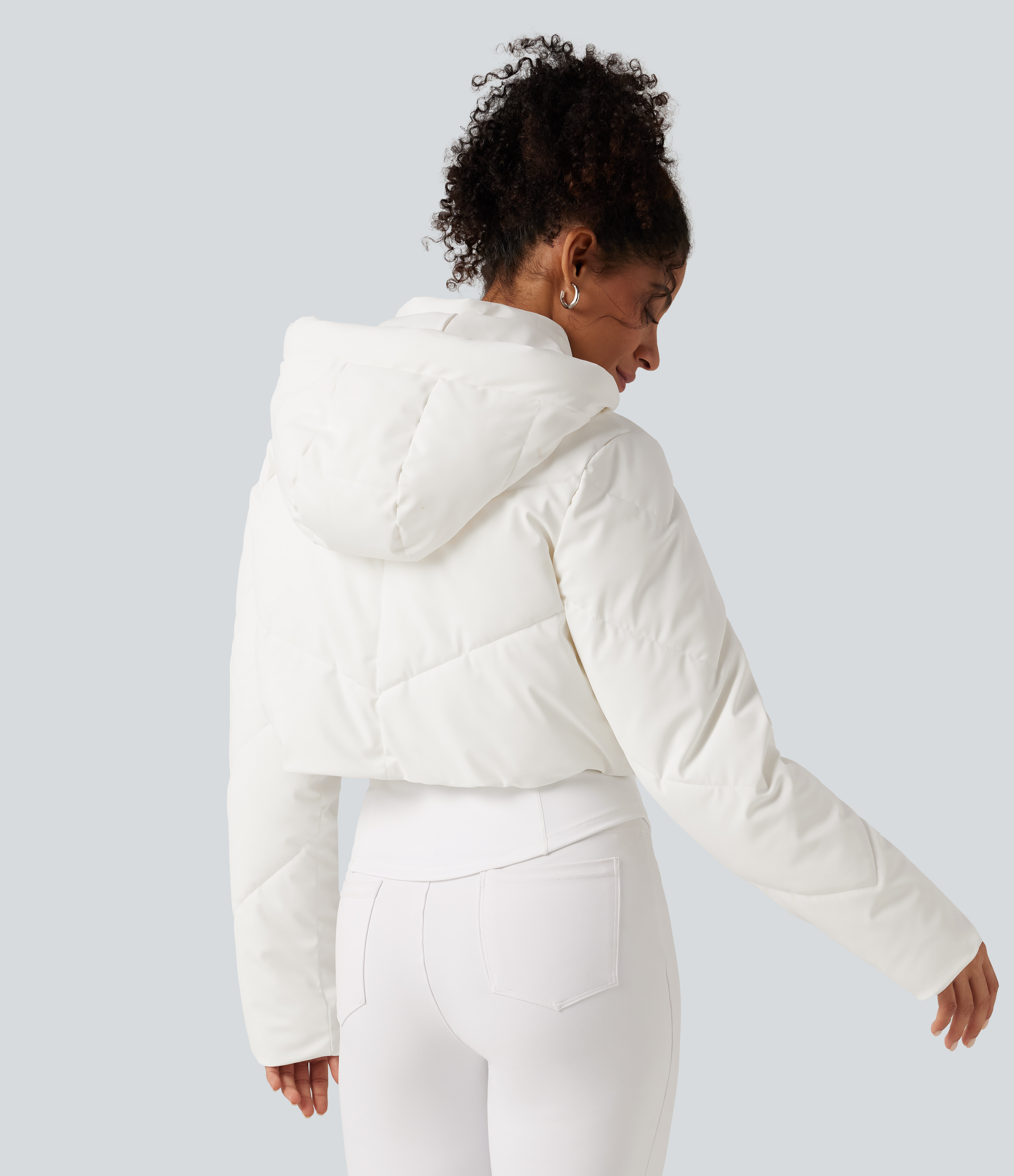 White PuffFlex 3-in-1 Removable Hooded Long Sleeve Thumb Holes Casual Puffer Jacket with Pockets / 2