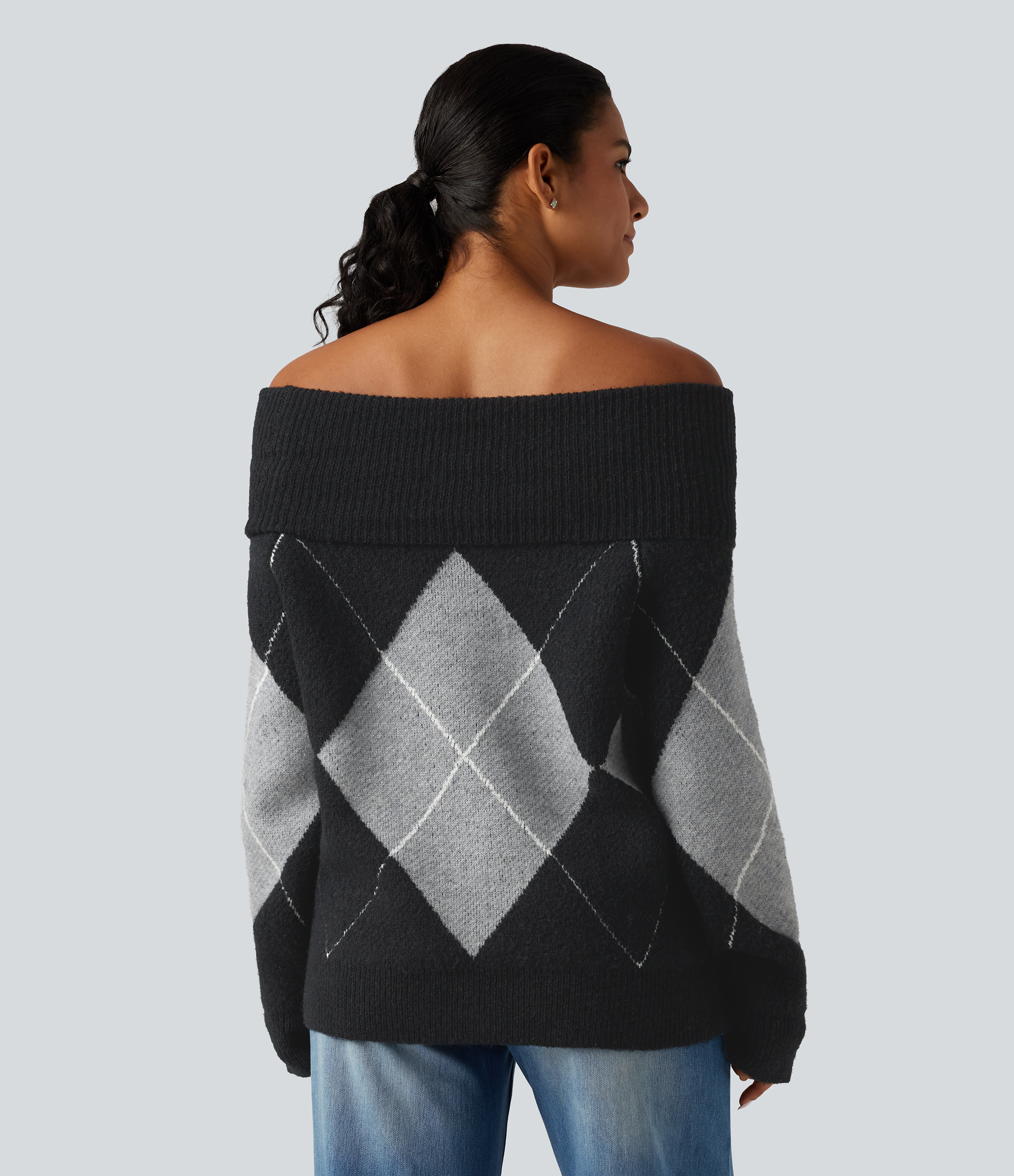 Charcoal Argyle Pull décontracté vichy, épaules dénudées, manches longues / 2