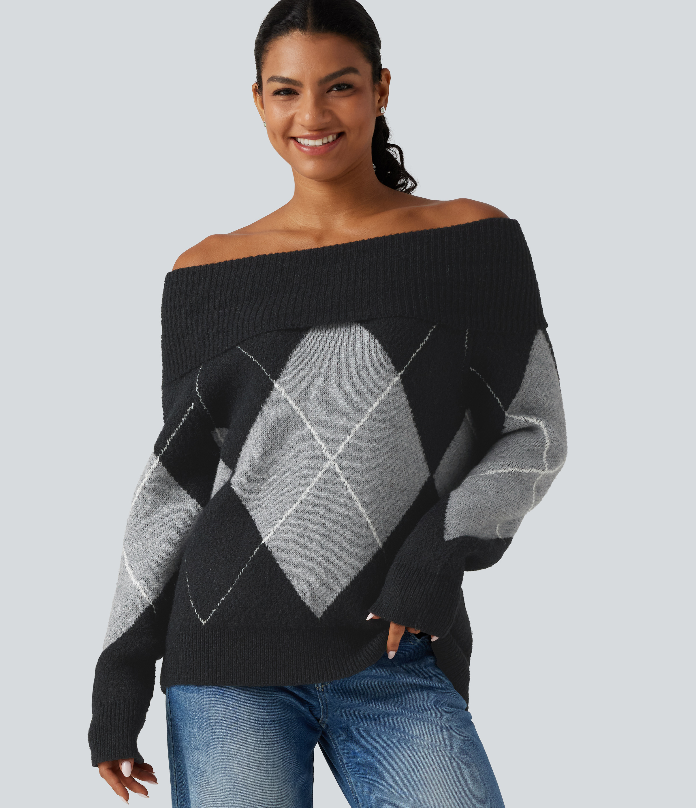 Off Shoulder Long Sleeve Gingham Casual Sweater
