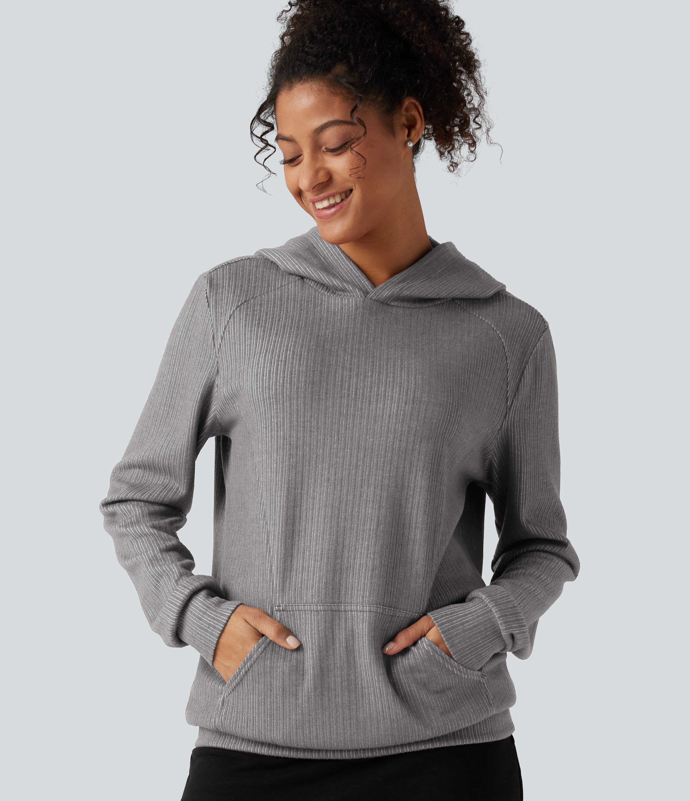 Ribbed Hooded Long Sleeve Casual Sweatshirt with Pocket