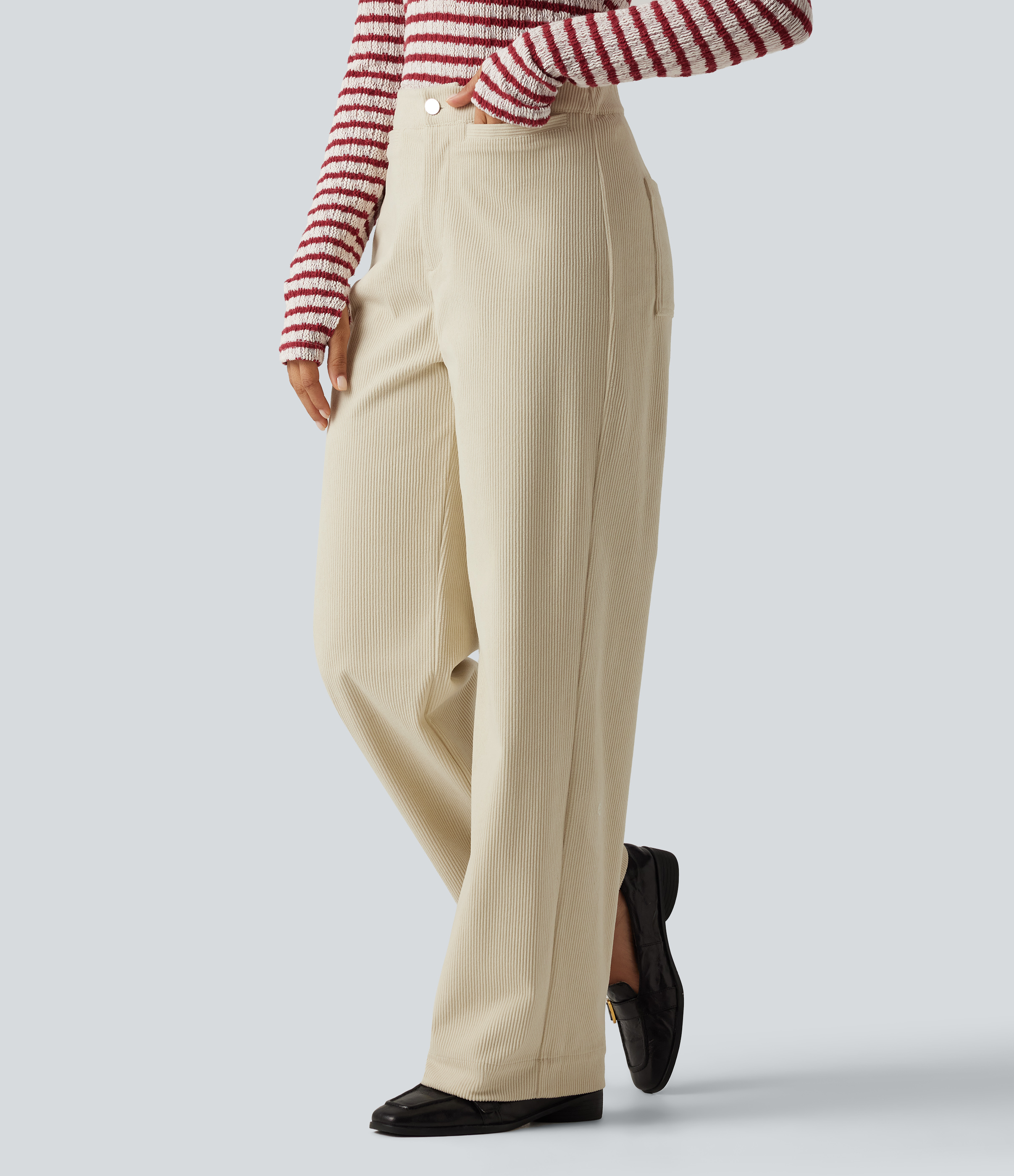 High Waisted Straight Leg Corduroy Casual Pants with Pockets