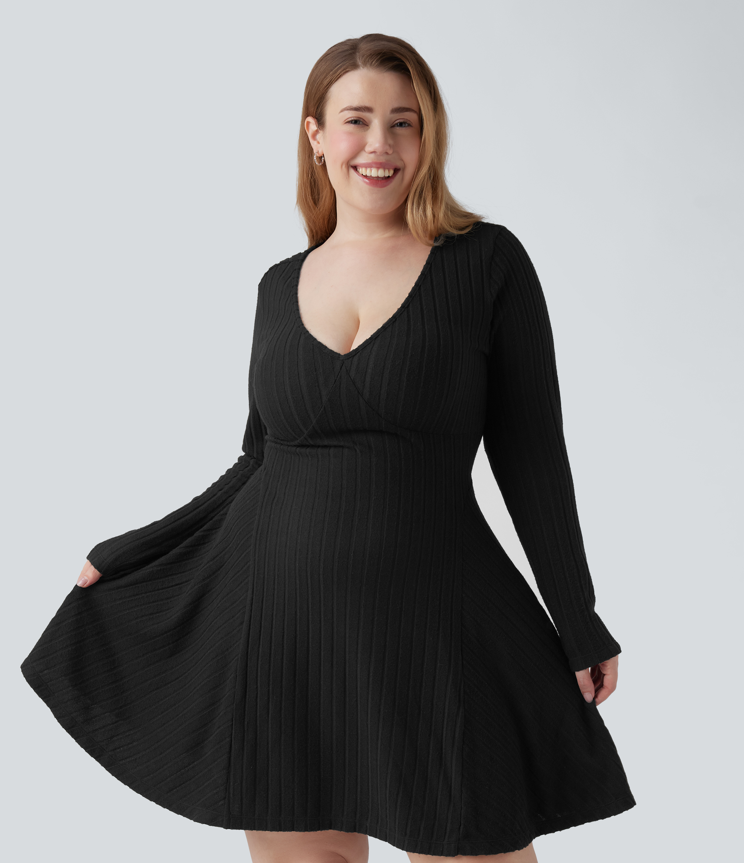 Plus Size Ribbed Knit V Neck Long Sleeve Flare Mini Casual Dress with Pockets