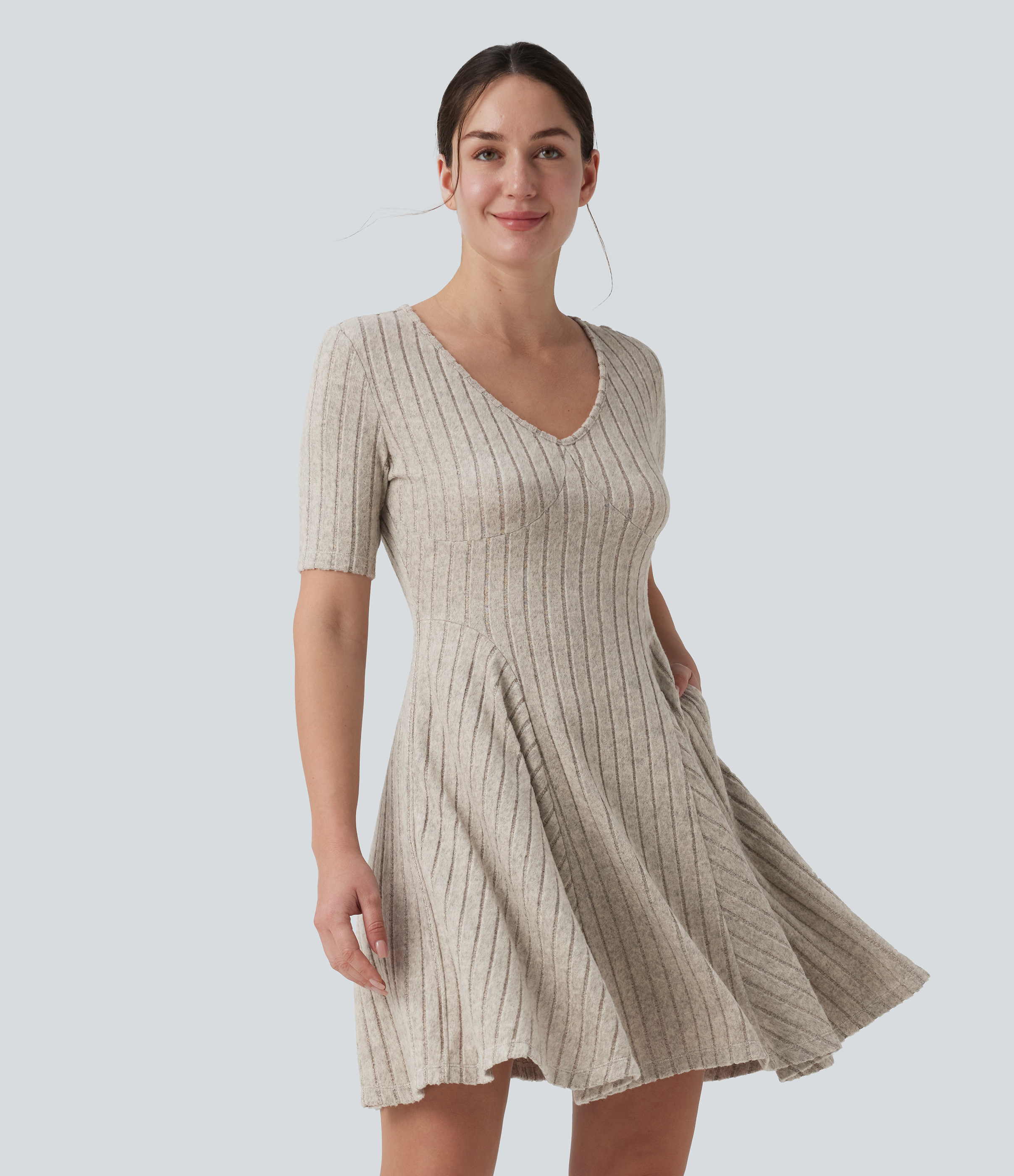 Ribbed Knit V Neck Short Sleeve Flare Mini Casual Dress
