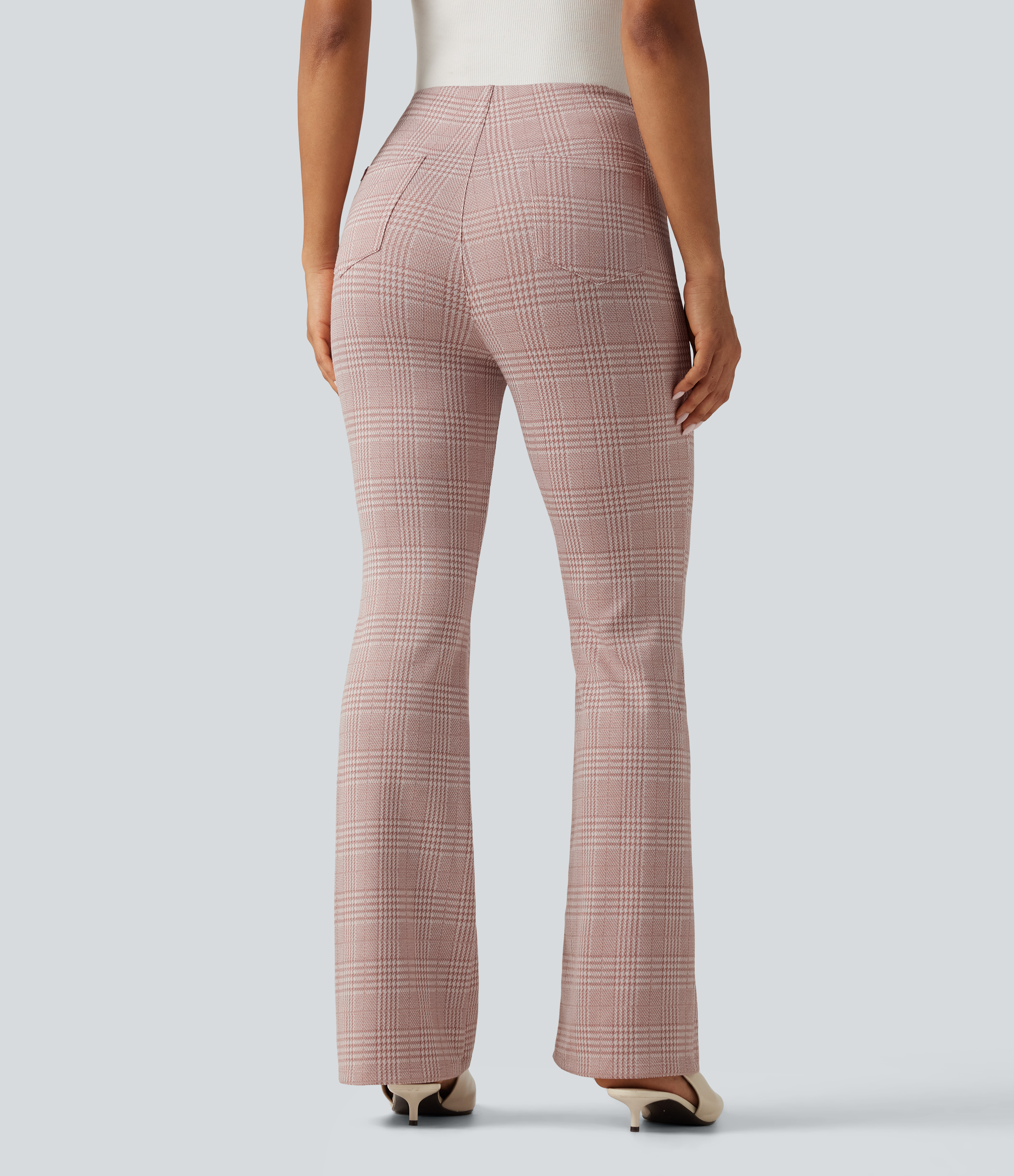 Bean Paste Houndstooth Plaid Halara Flex™ кариран разкроен панталон с висока талия и джобове / 2