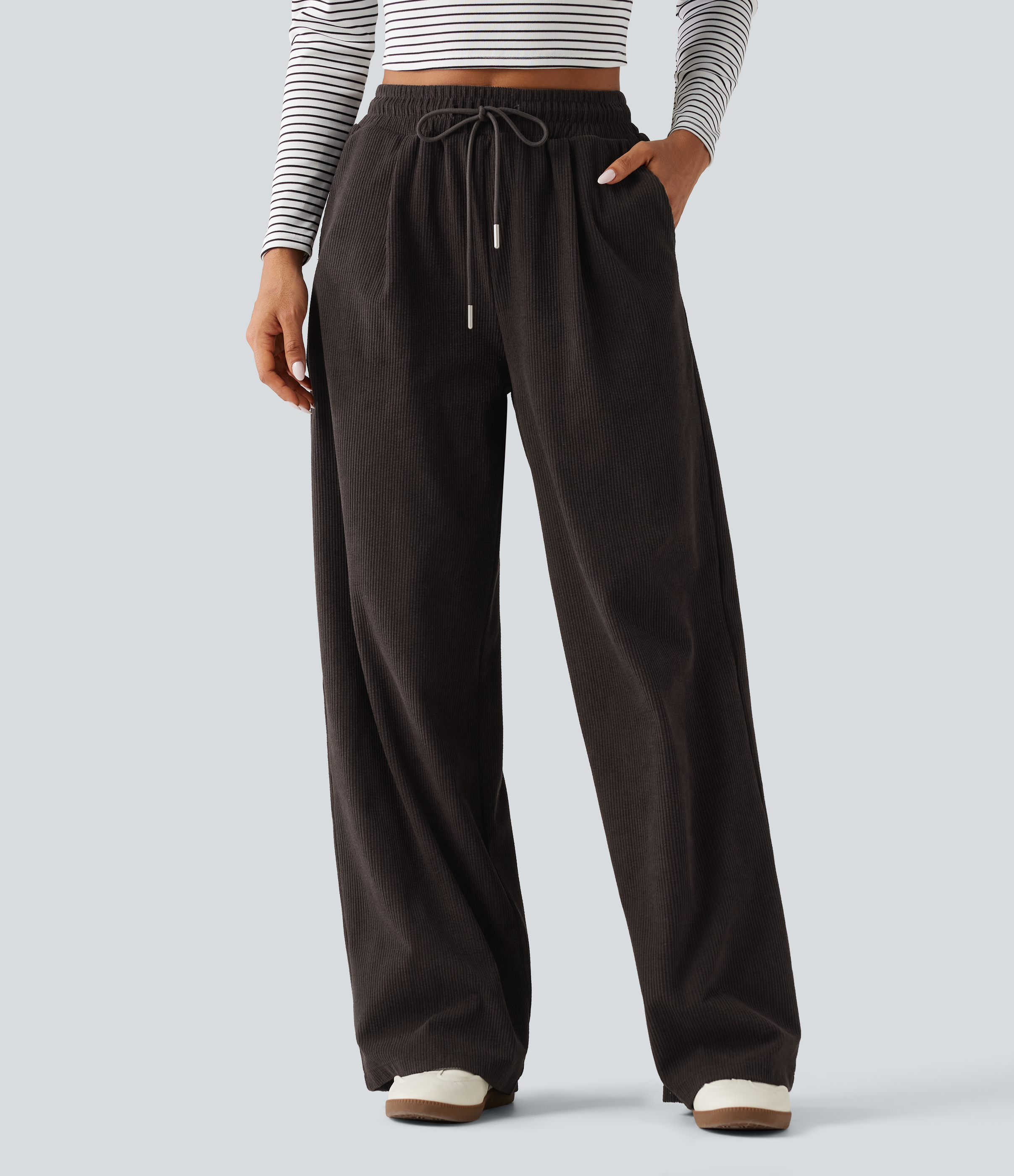High Waisted Drawstring Straight Leg Corduroy Casual Pants with Pockets