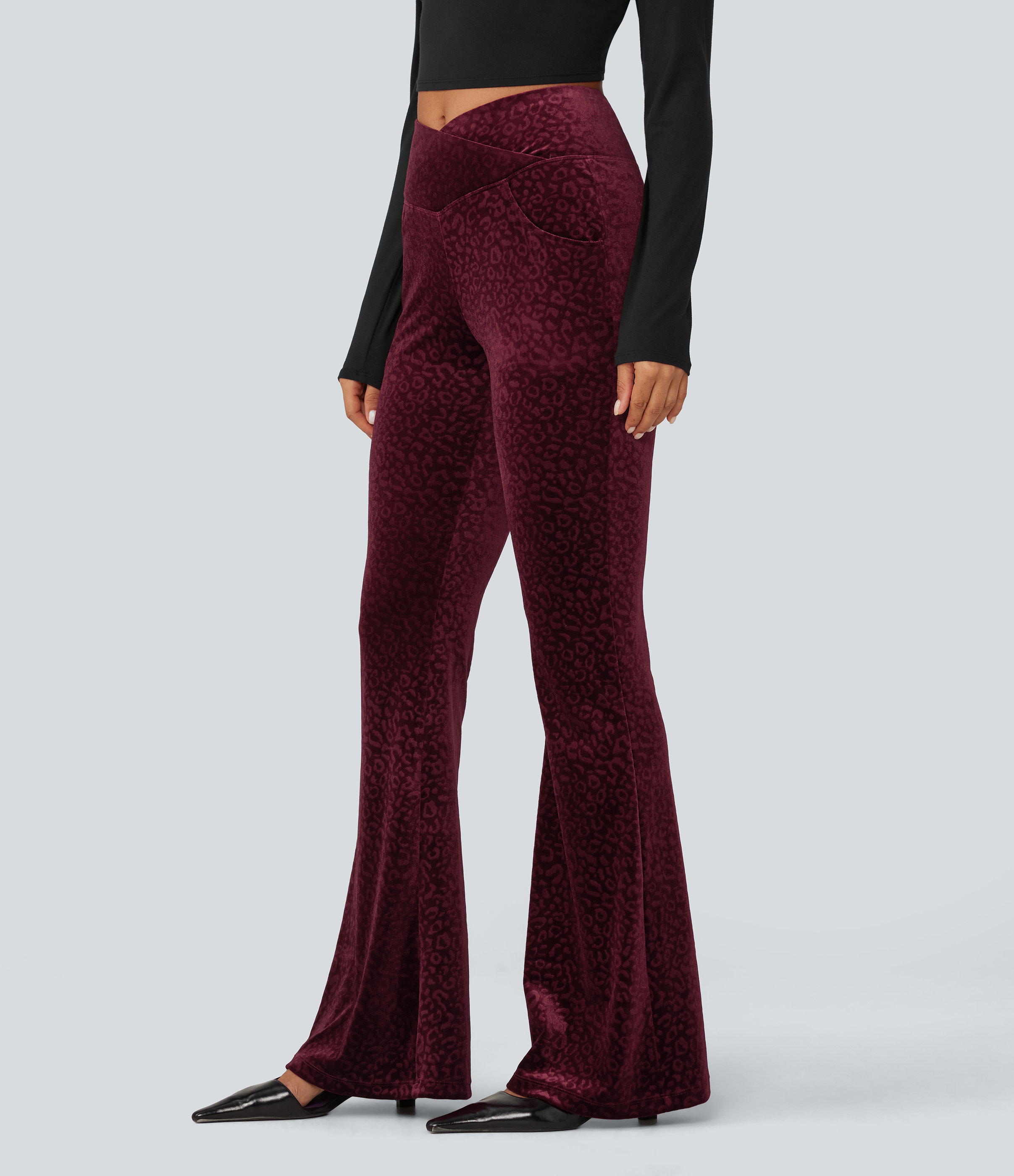 High Waisted Crossover Leopard Print Velvet Casual Flare Pants with Pockets