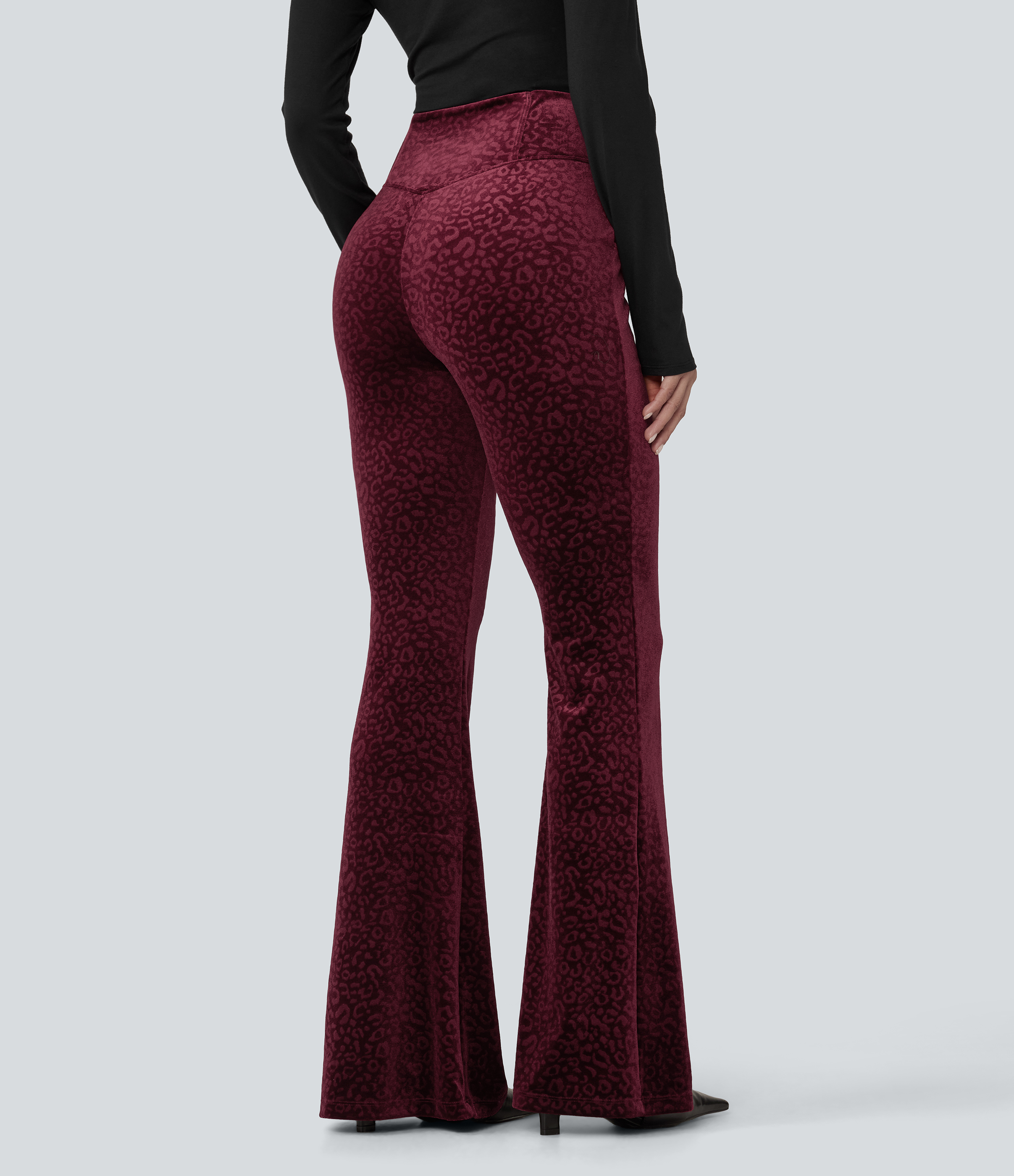 Crimson Wild High Waisted Crossover Leopard Print Velvet Casual Flare Pants with Pockets / 2