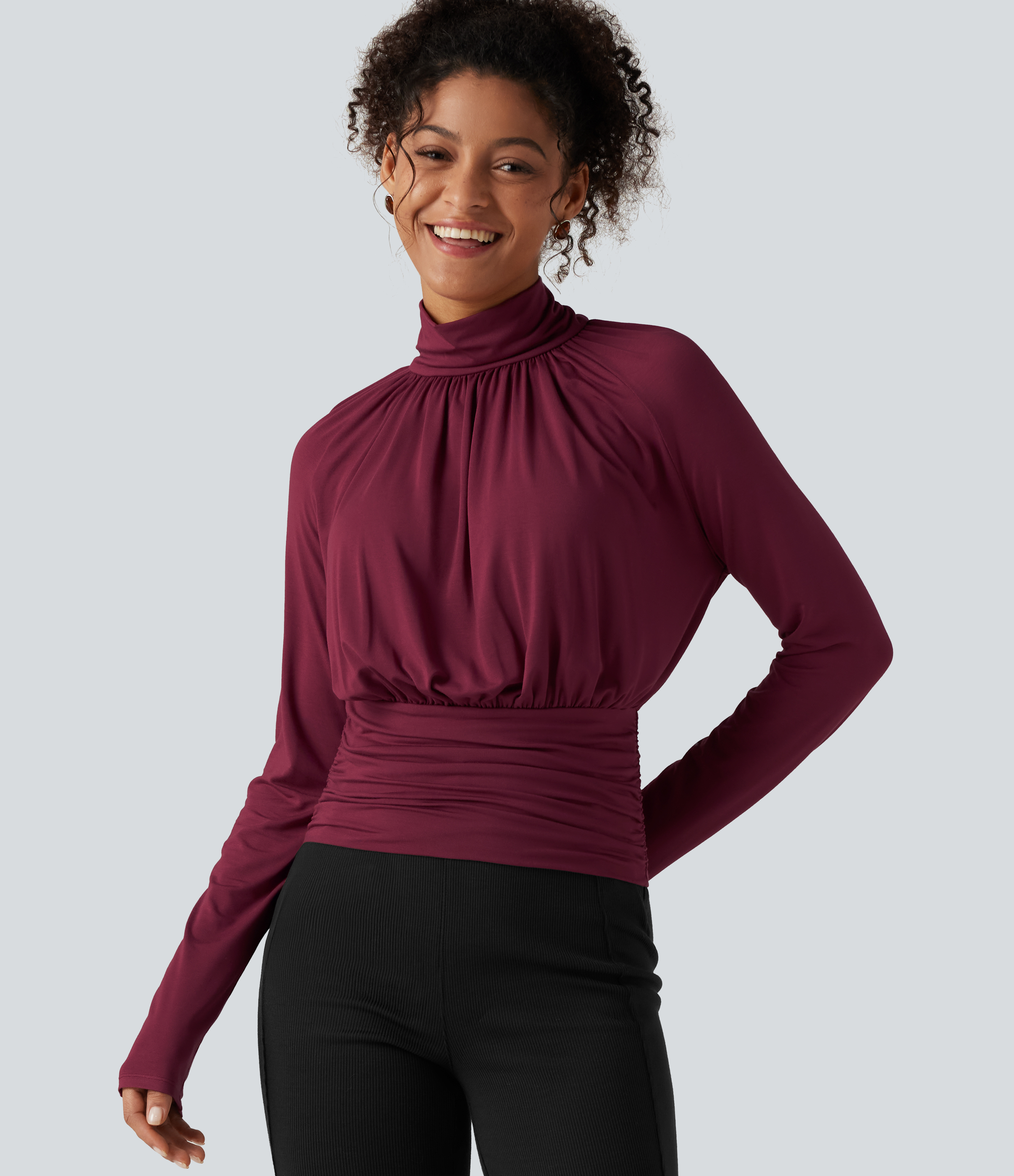 High Neck Long Sleeve Ruched Casual Top