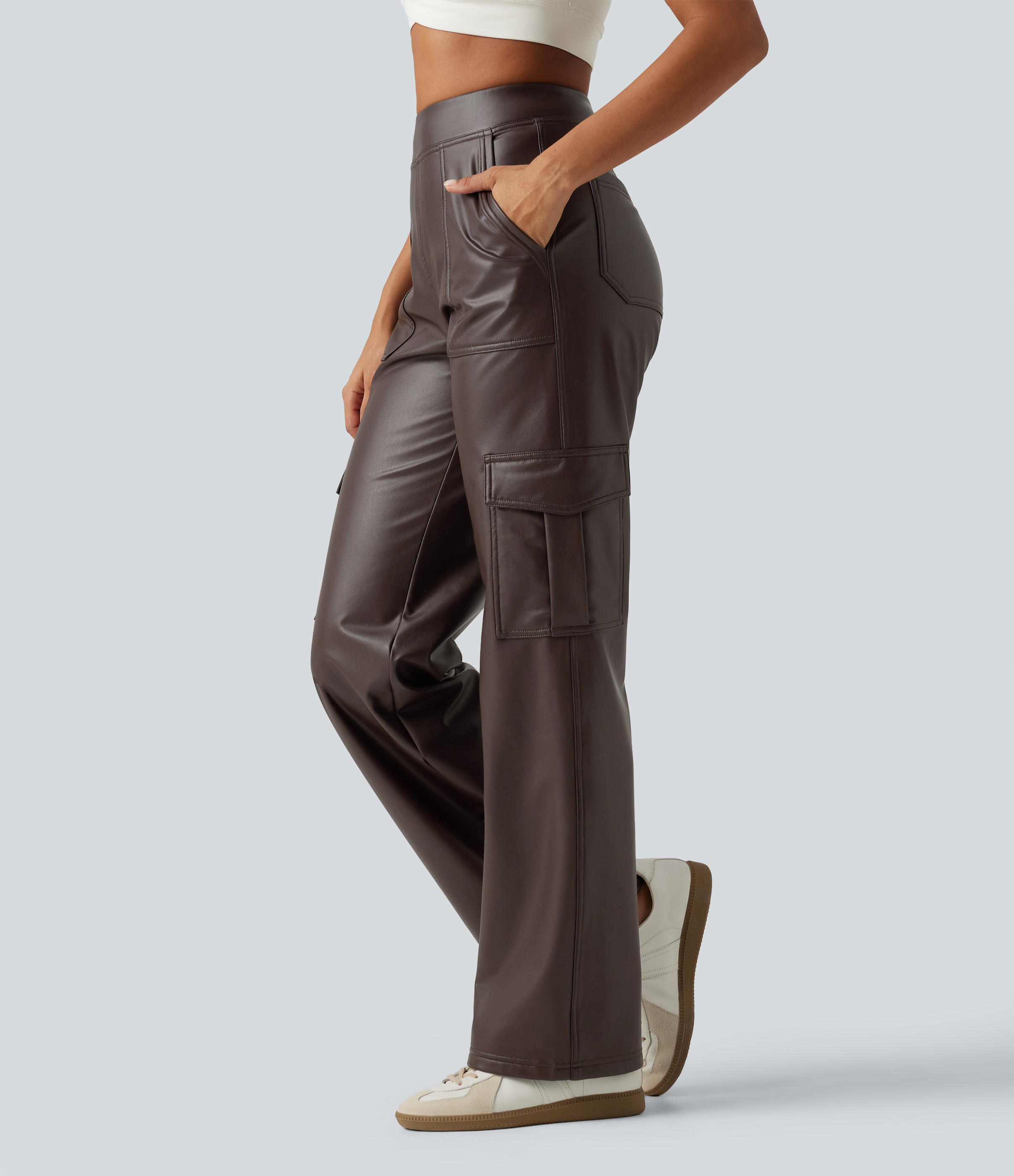 Pantalon cargo décontracté à poches, taille mi-haute, jambe large, en PU extensible doublé polaire
