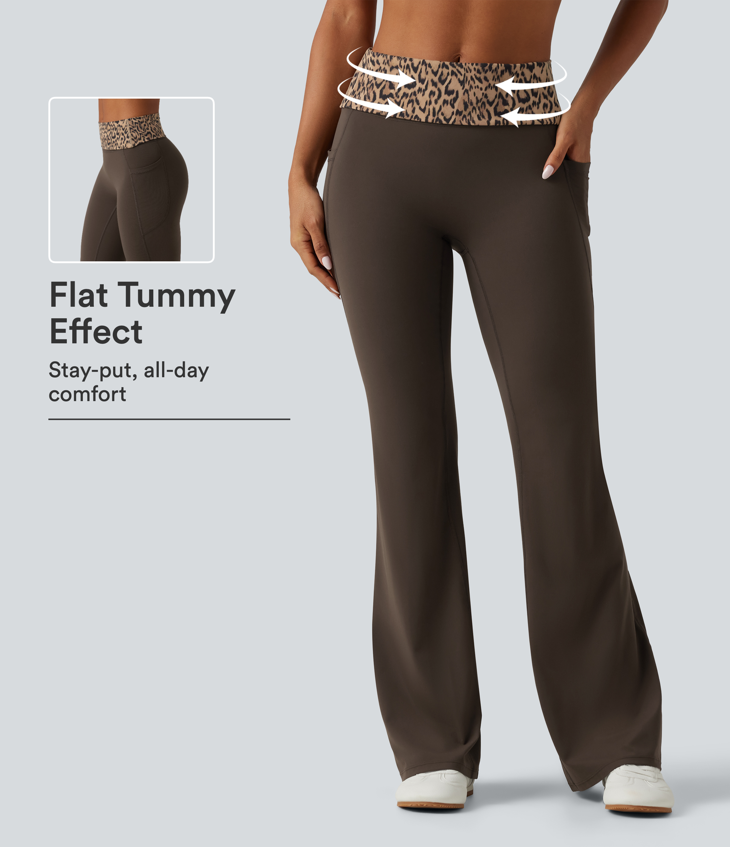 Halara UltraSculpt™ Mid Rise Foldover Tummy Control Leopard Print Flare Yoga Leggings with Pockets