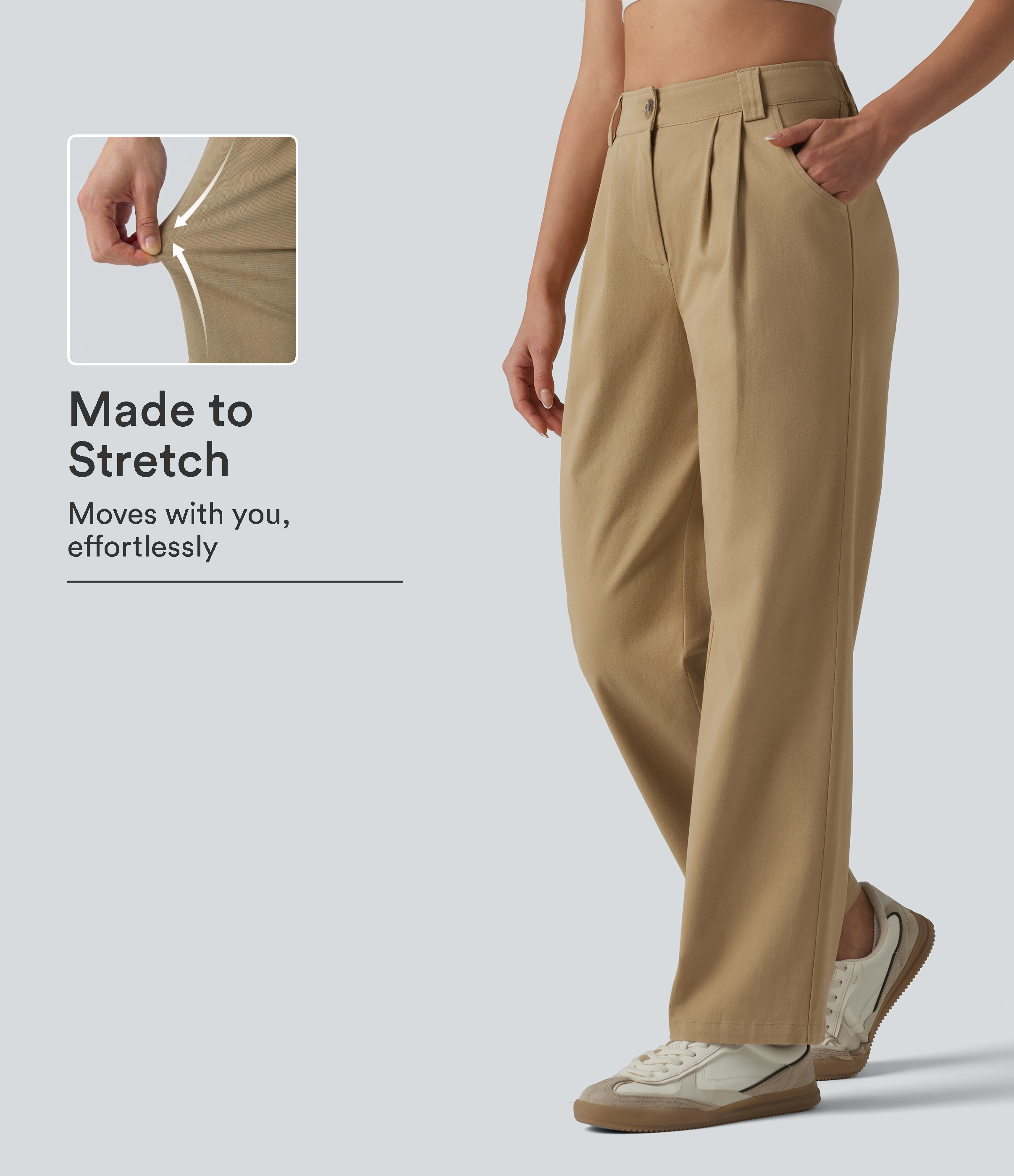 High Waisted Pleated Straight Leg Casual Chino Cotton Pants with Pockets