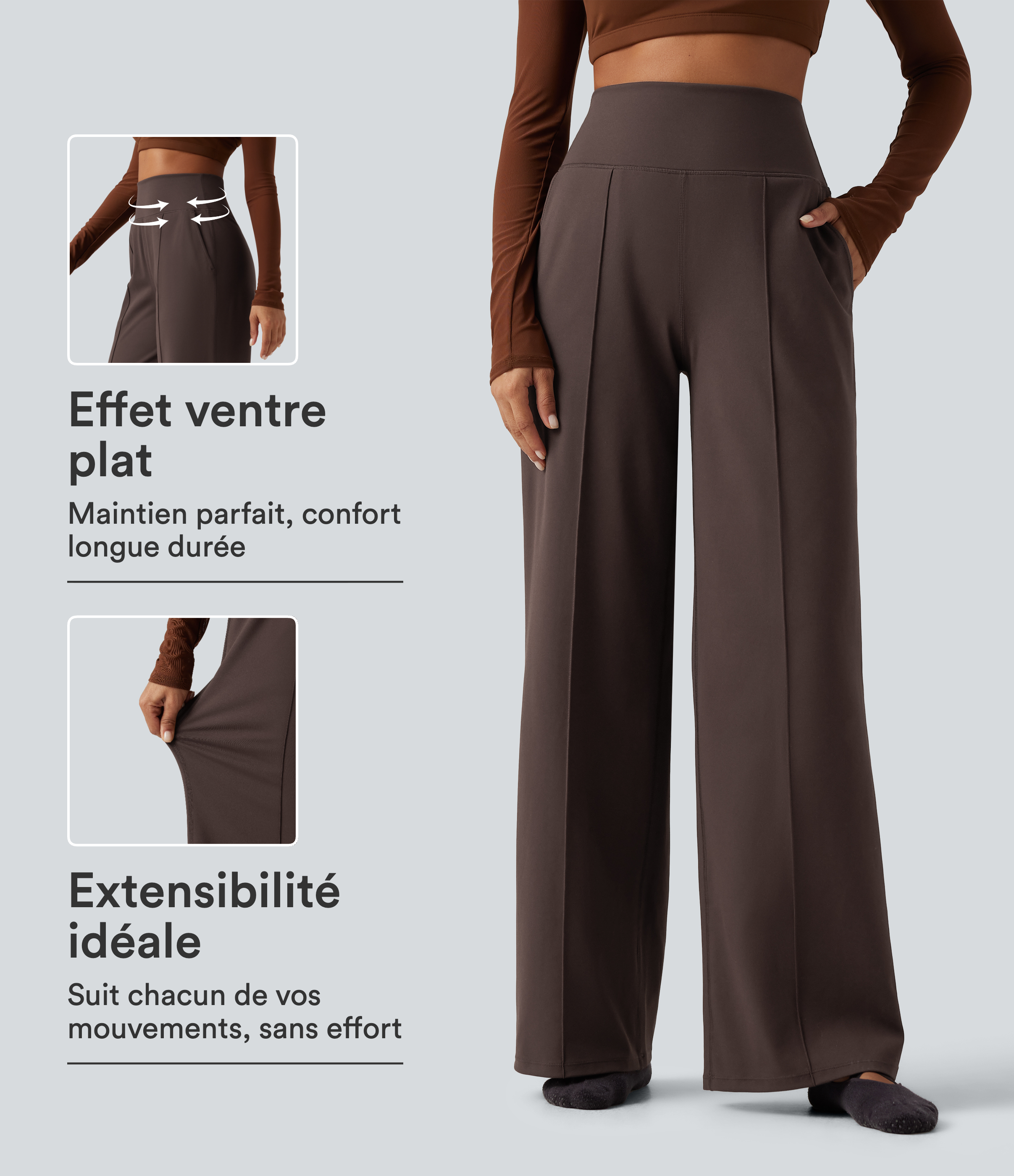 Pantalon de yoga taille haute gainant coupe large avec poches