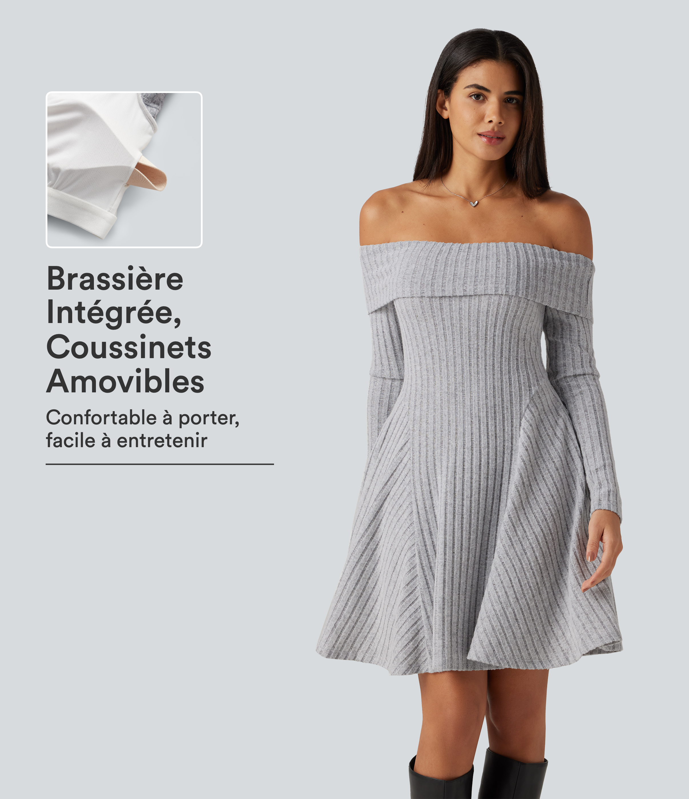 Frosted Slate Robe mini en maille côtelée à épaules dénudées, manches longues, coussinets amovibles et poches / 1