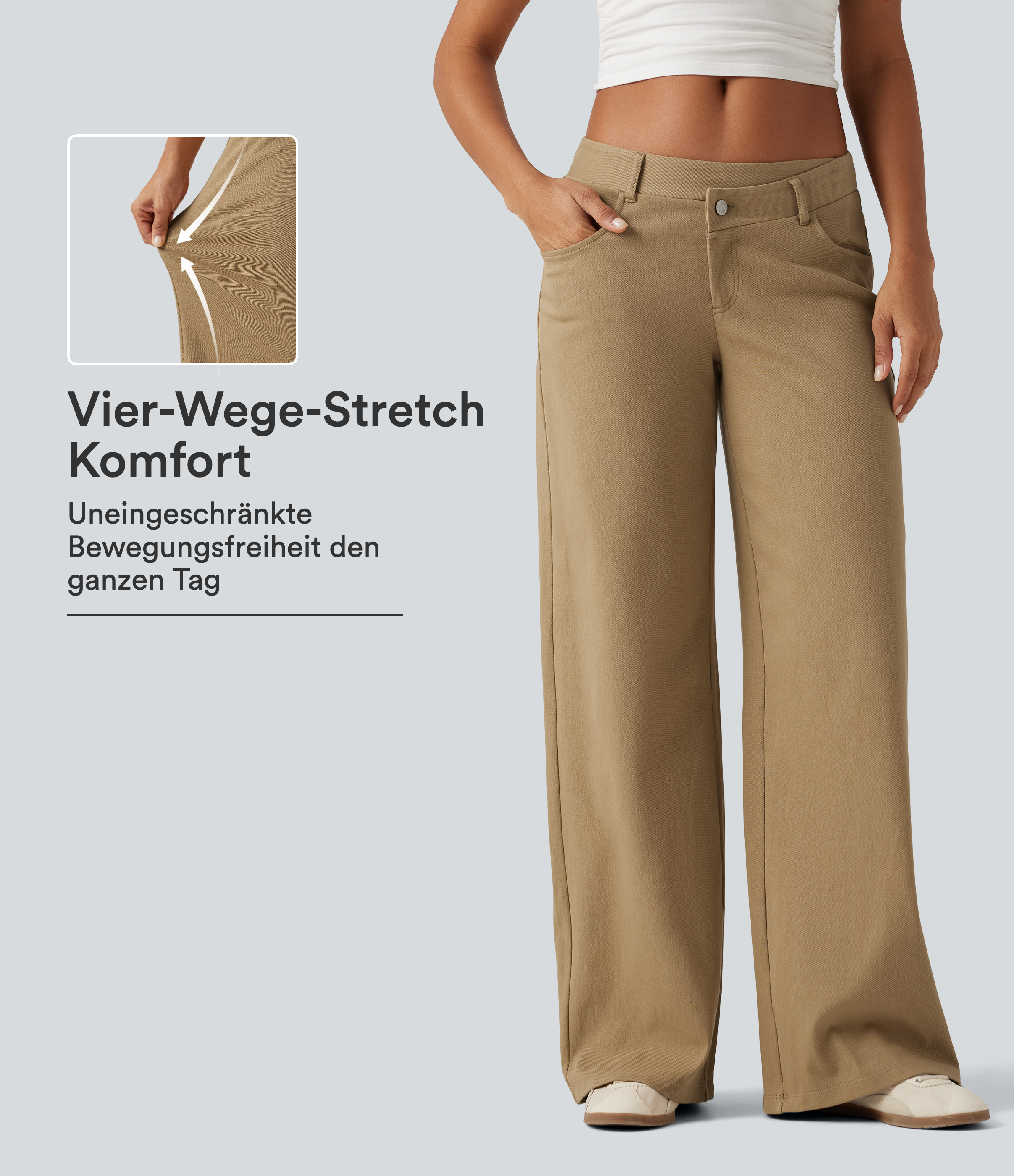 Lässige Hose aus Baumwolle mit niedrigem Crossover-Bund, mehreren Taschen und weitem Bein