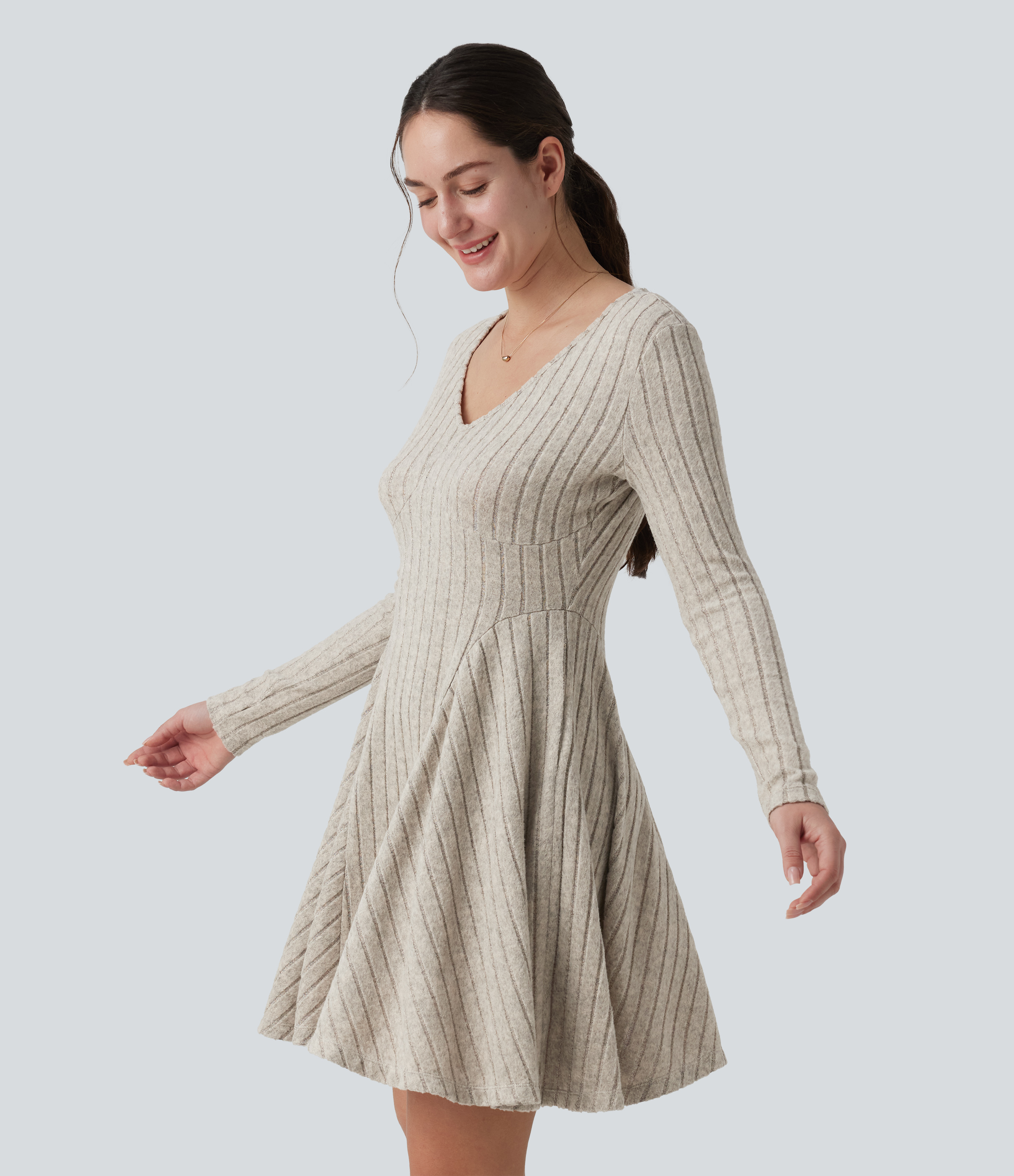 Ribbed Knit V Neck Long Sleeve Flare Mini Casual Dress