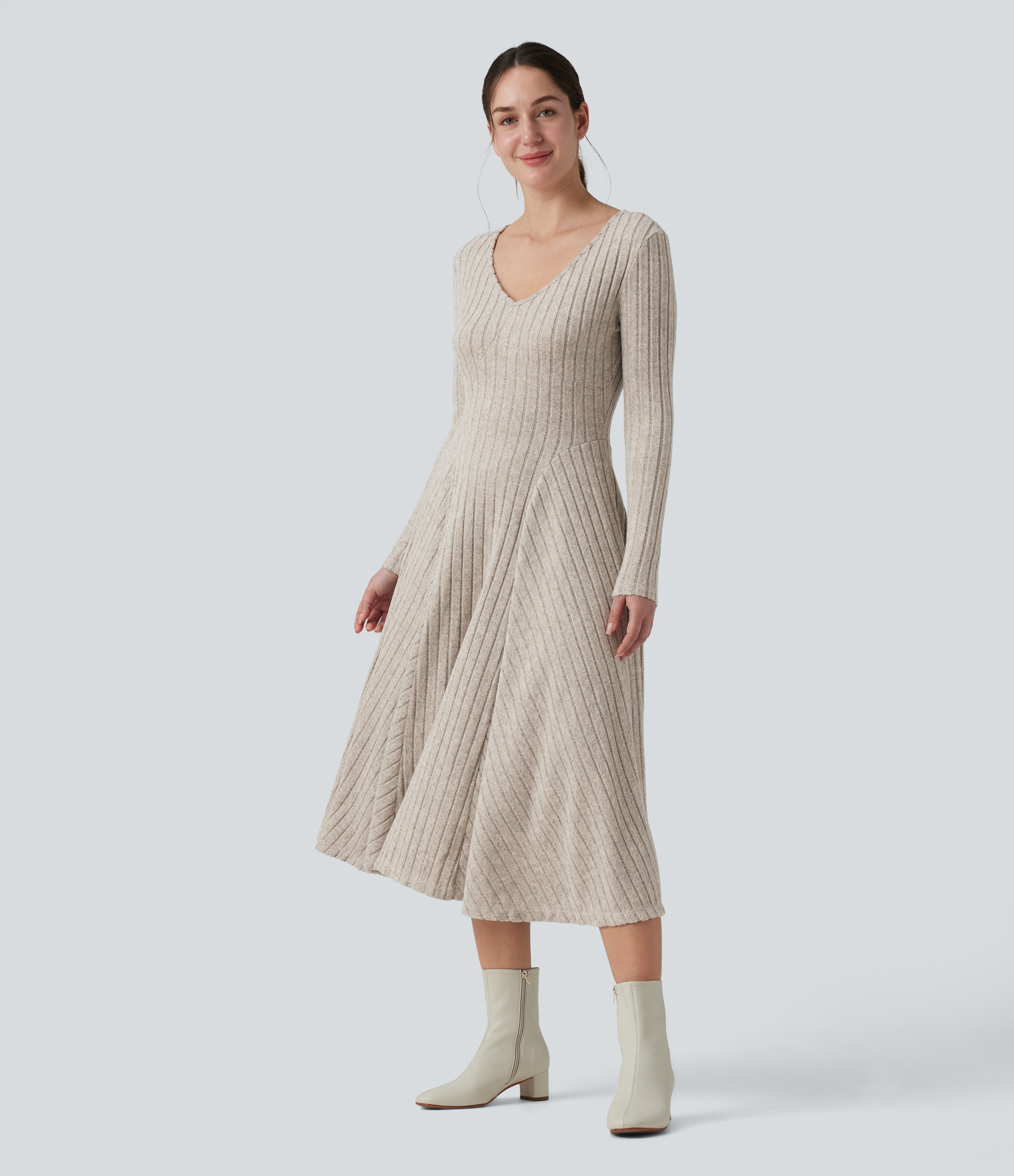 Ribbed Knit V Neck Long Sleeve Flare Midi Casual Dress with Pockets