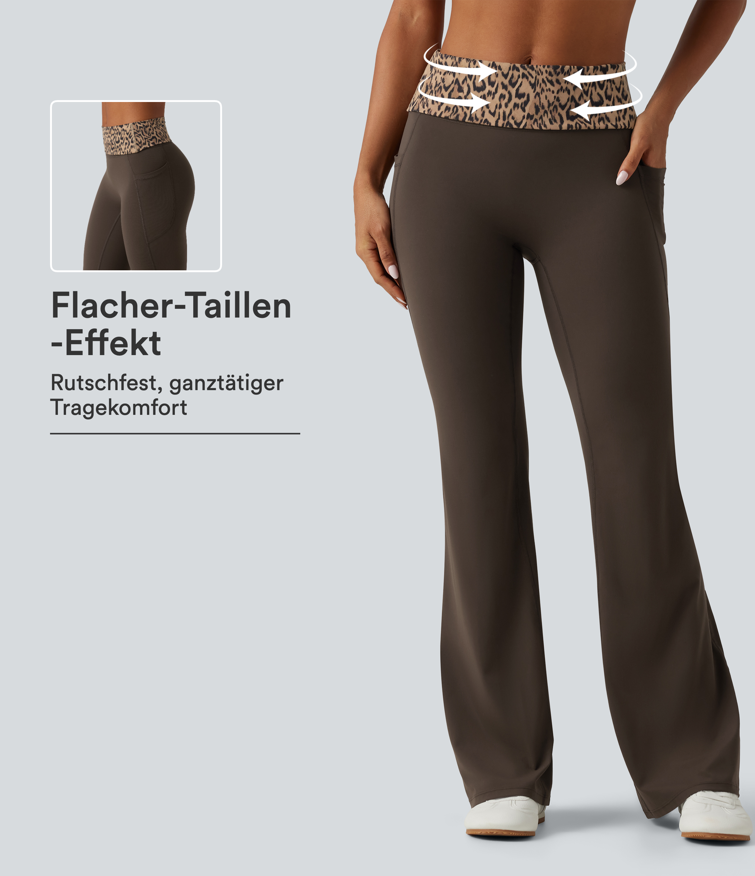 Halara UltraSculpt™ - Ausgestellte Yoga-Leggings mit mittelhohem Umschlag-Bund, Seitentaschen, Bauchkontrolle und Leopardenmuster
