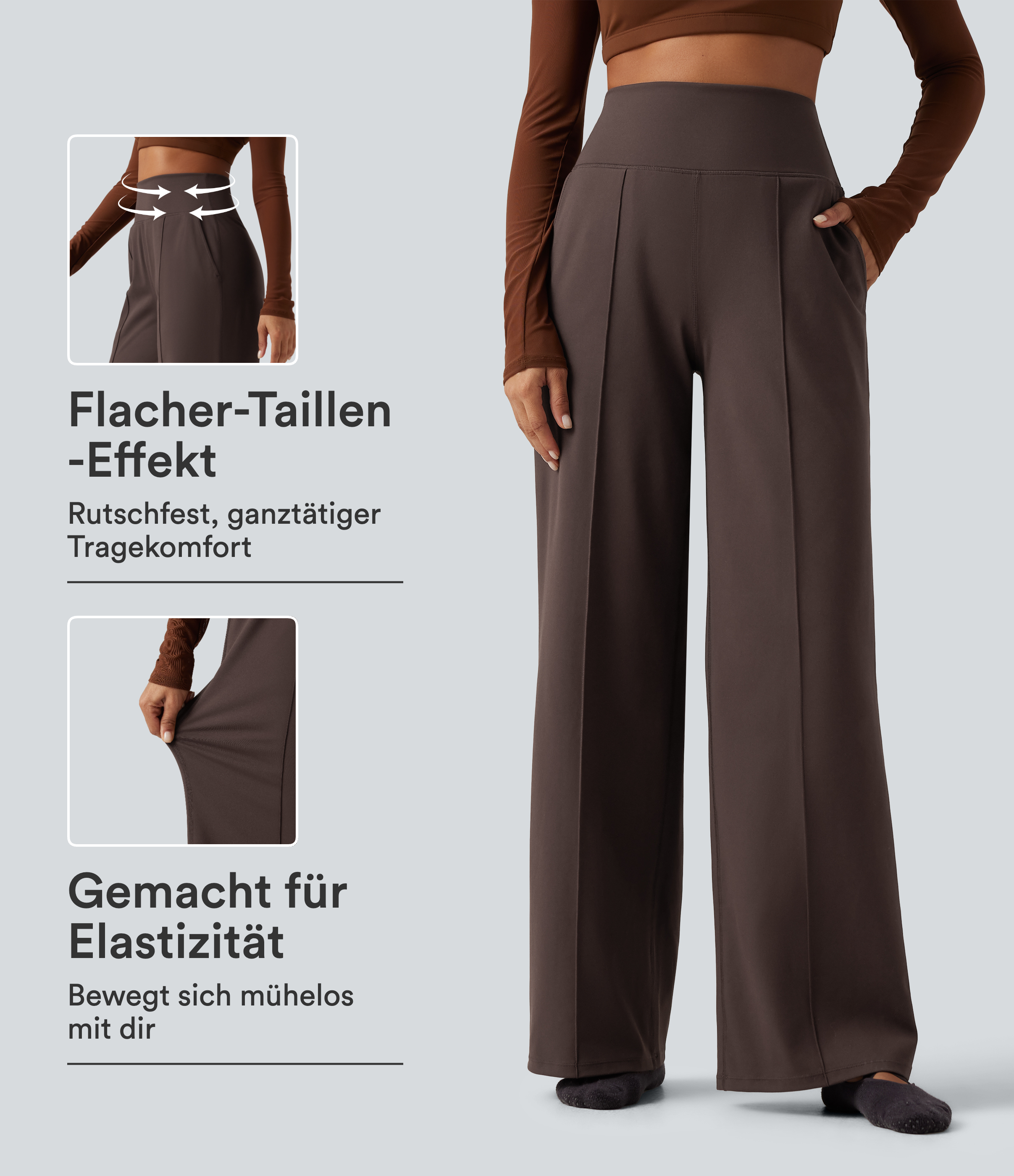 Yogahose mit hohem Bund, Seitentaschen, Bauchkontrolle und weitem Bein