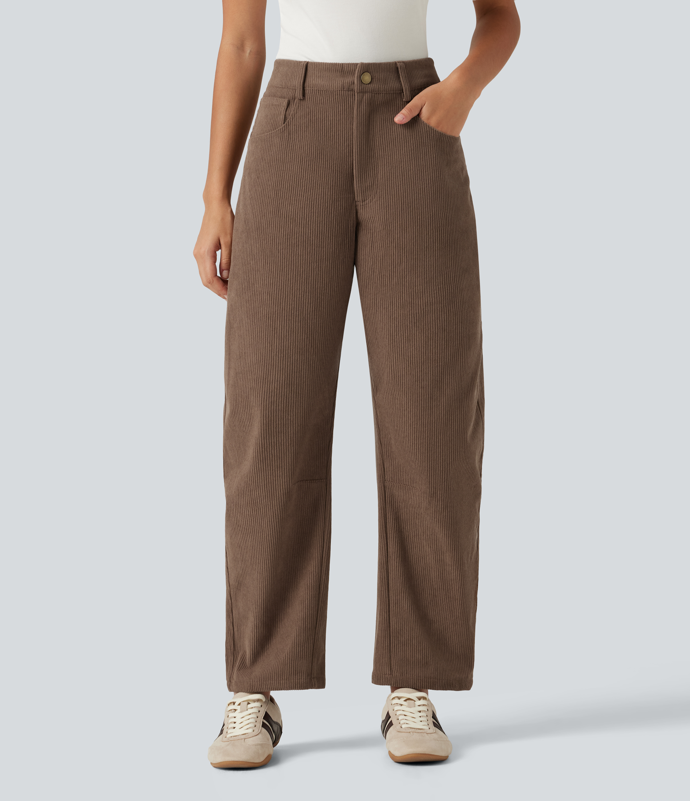 High Waisted Barrel Leg Corduroy Casual Pants with Pockets