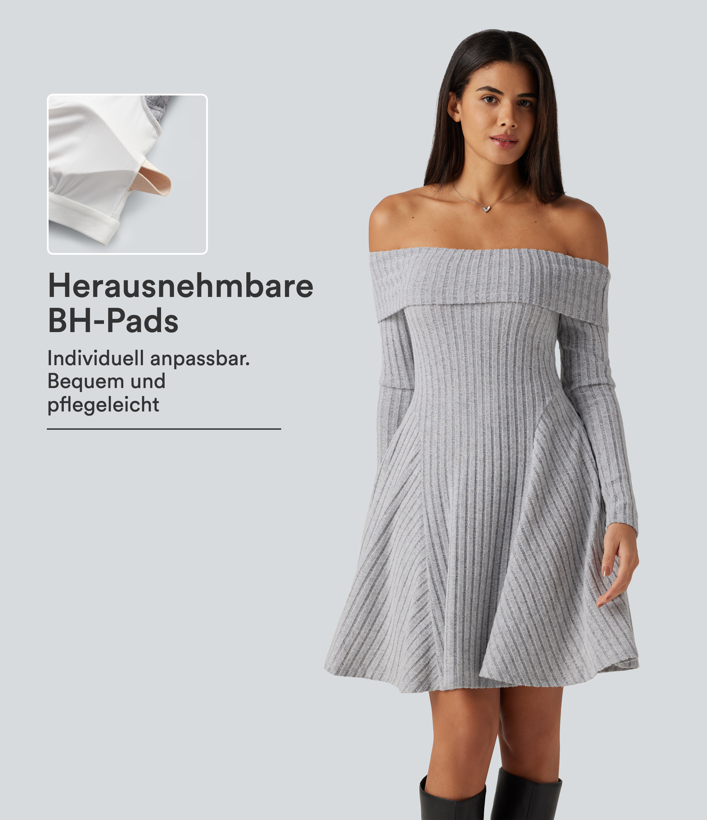Lässiges, schulterfreies Minikleid aus geripptem Strick mit Seitentaschen, langen Ärmeln und integriertem BH