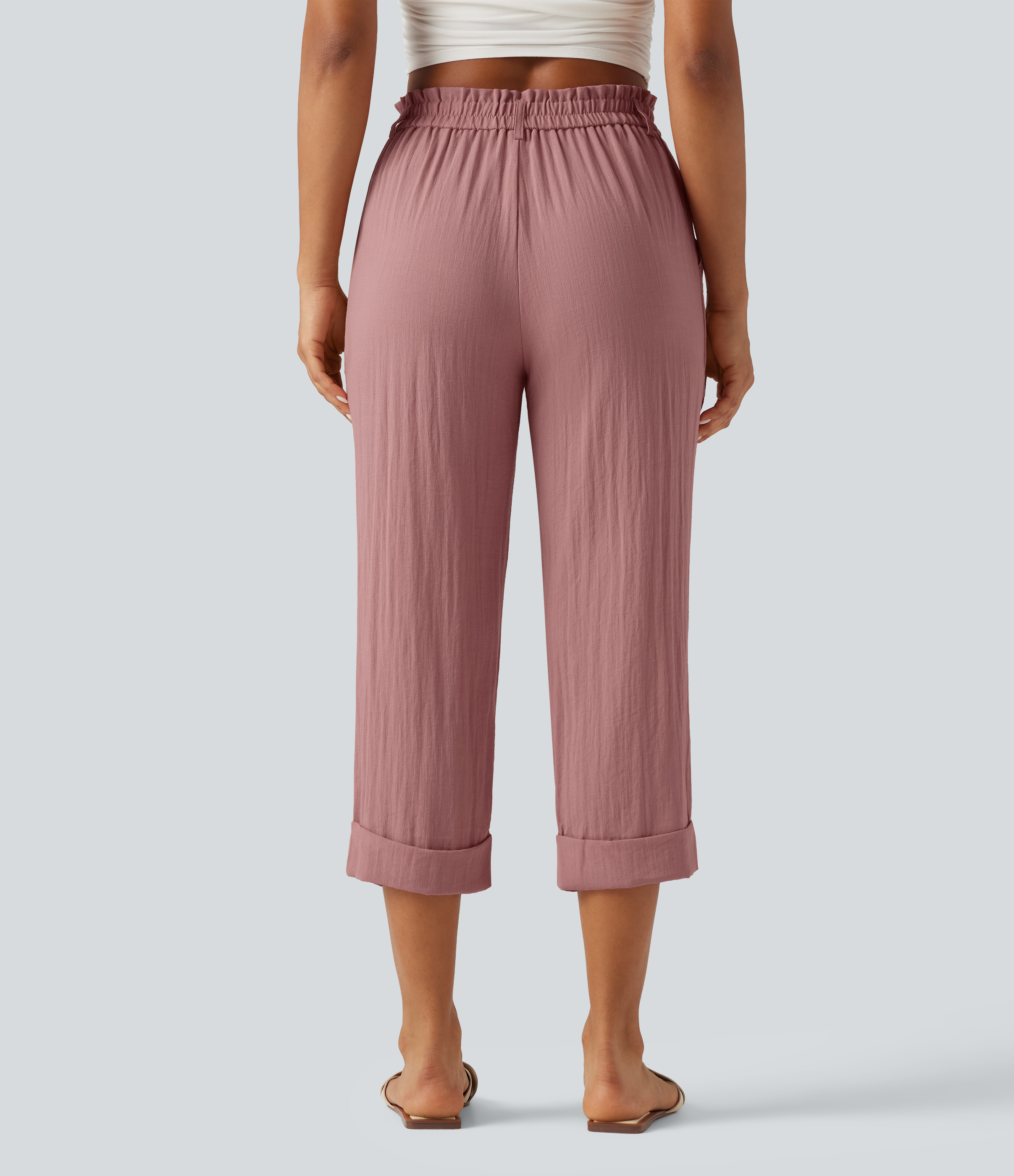Rosette High Waisted Zipper Pocket Cropped Linen-Feel Pants / 2