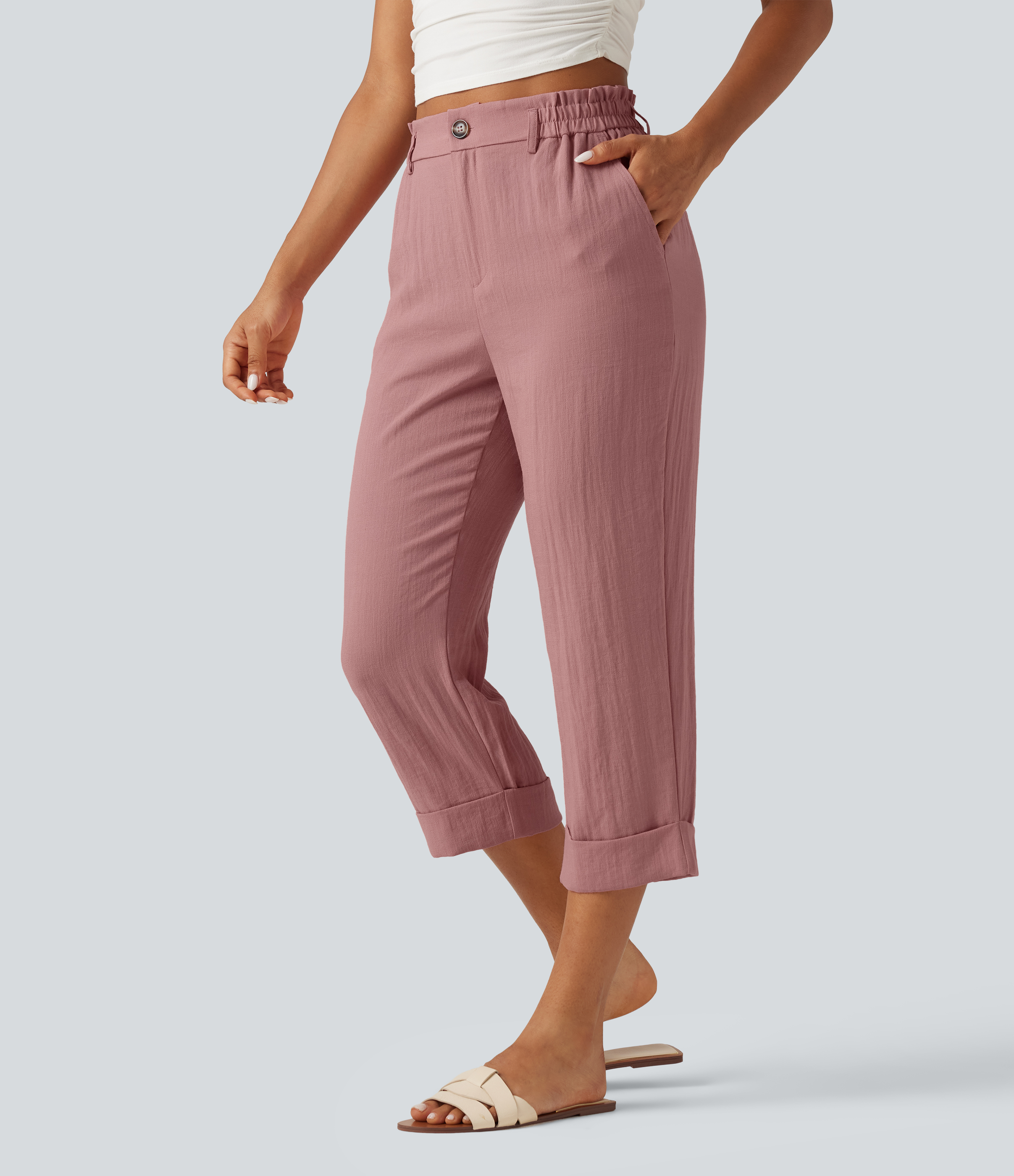 Pantalones cropped de talle alto con bolsillos con cremallera y efecto lino