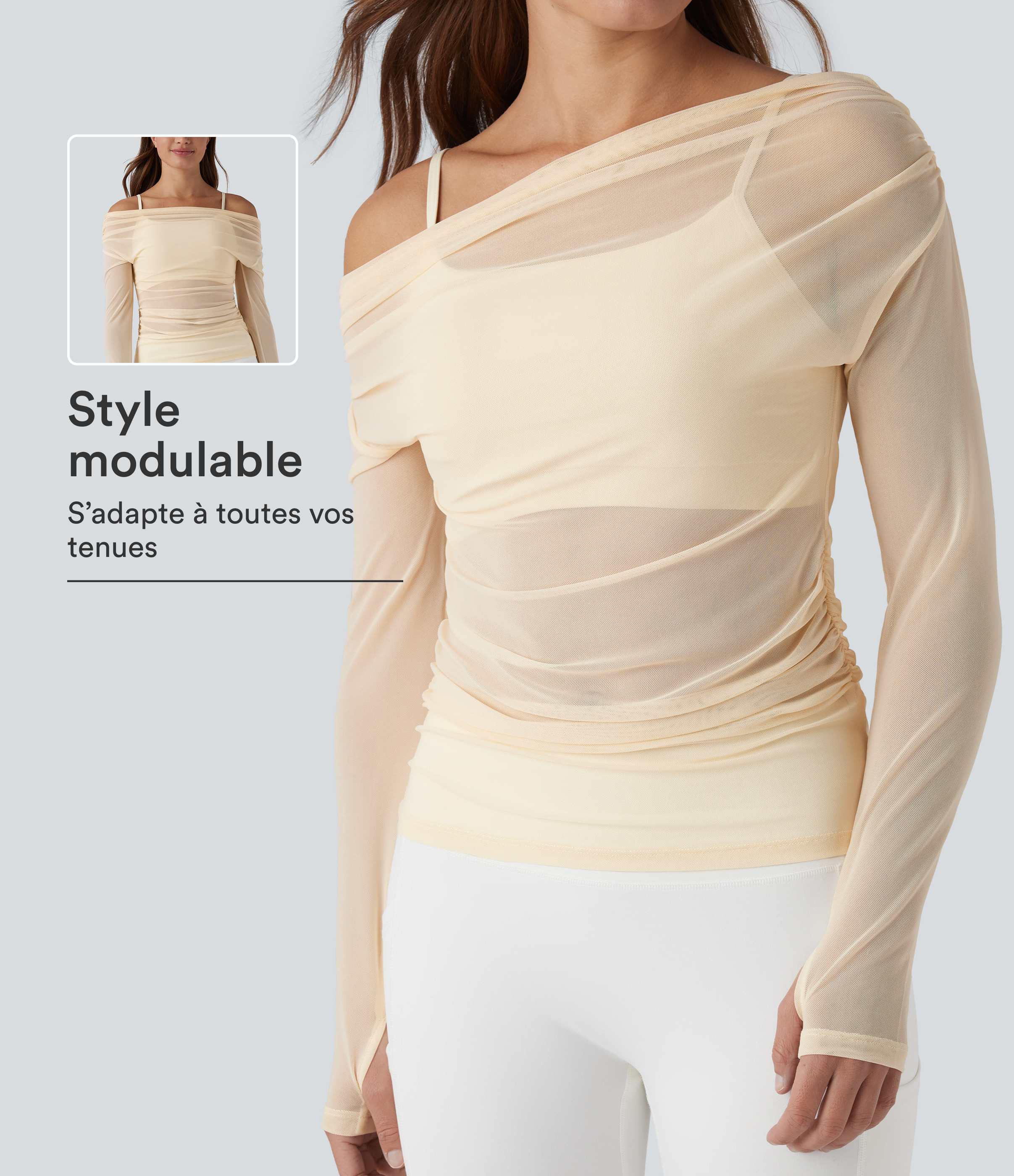 Top sport yoga 2-en-1 asymétrique une épaule manches longues mesh à fronces et trous pour les pouces