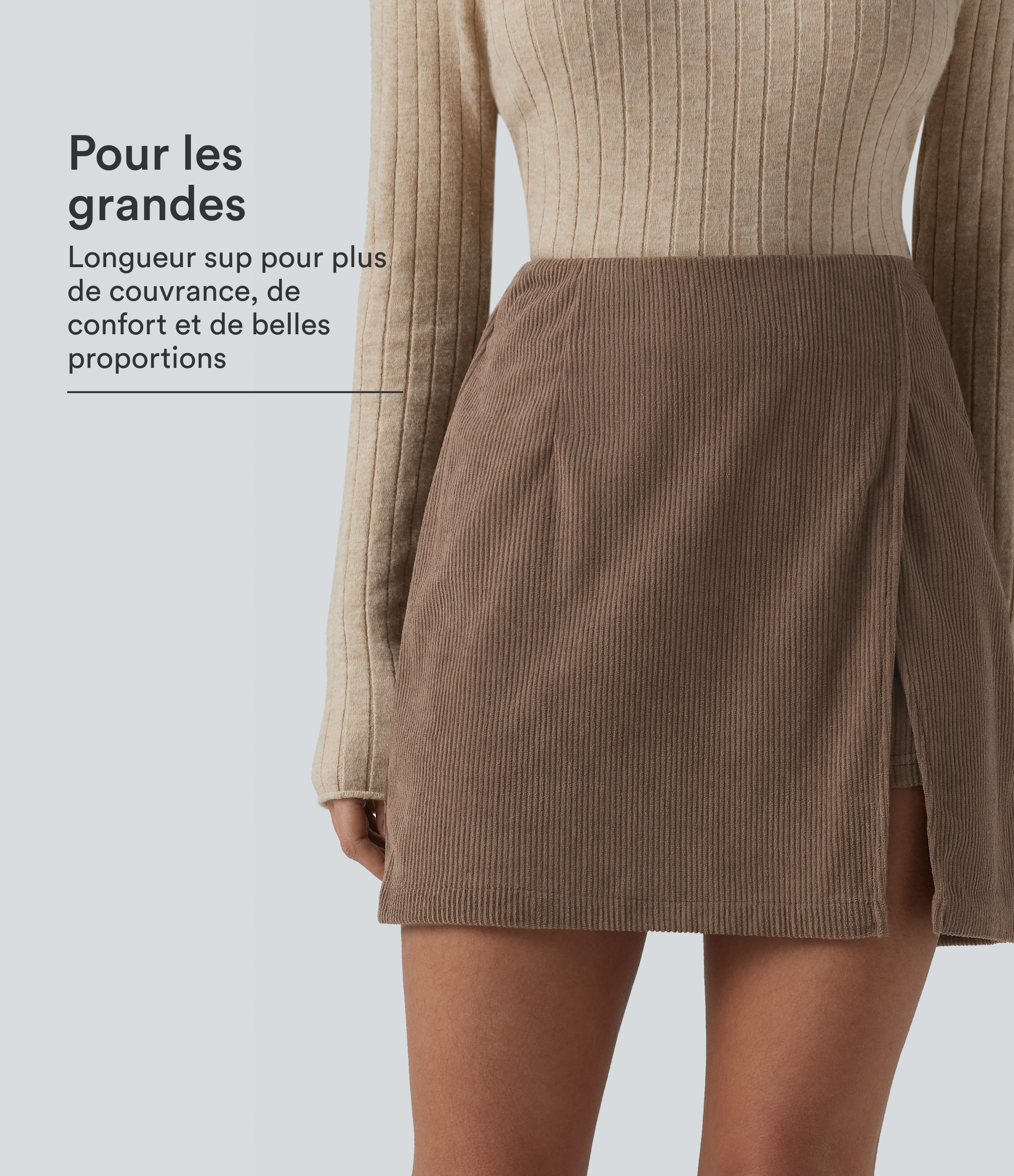 Jupe-short décontractée taille haute en velours côtelé avec zip arrière et fentes - Longueur plus longue