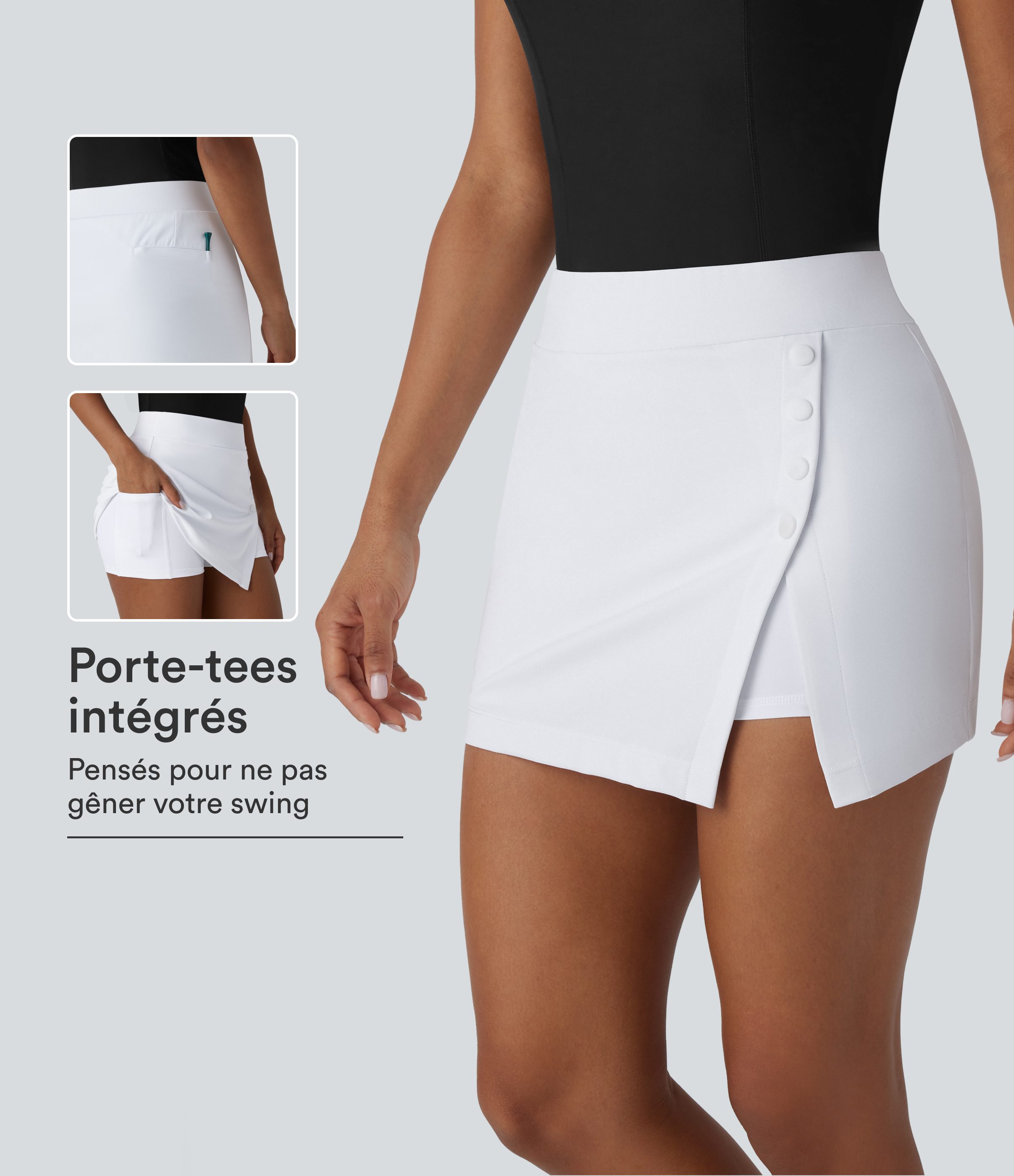 Jupe-short de golf mini taille haute 2-en-1 fendue à boutons décoratifs avec poche latérale séchage rapide - Poche pour tee de golf - UPF40+