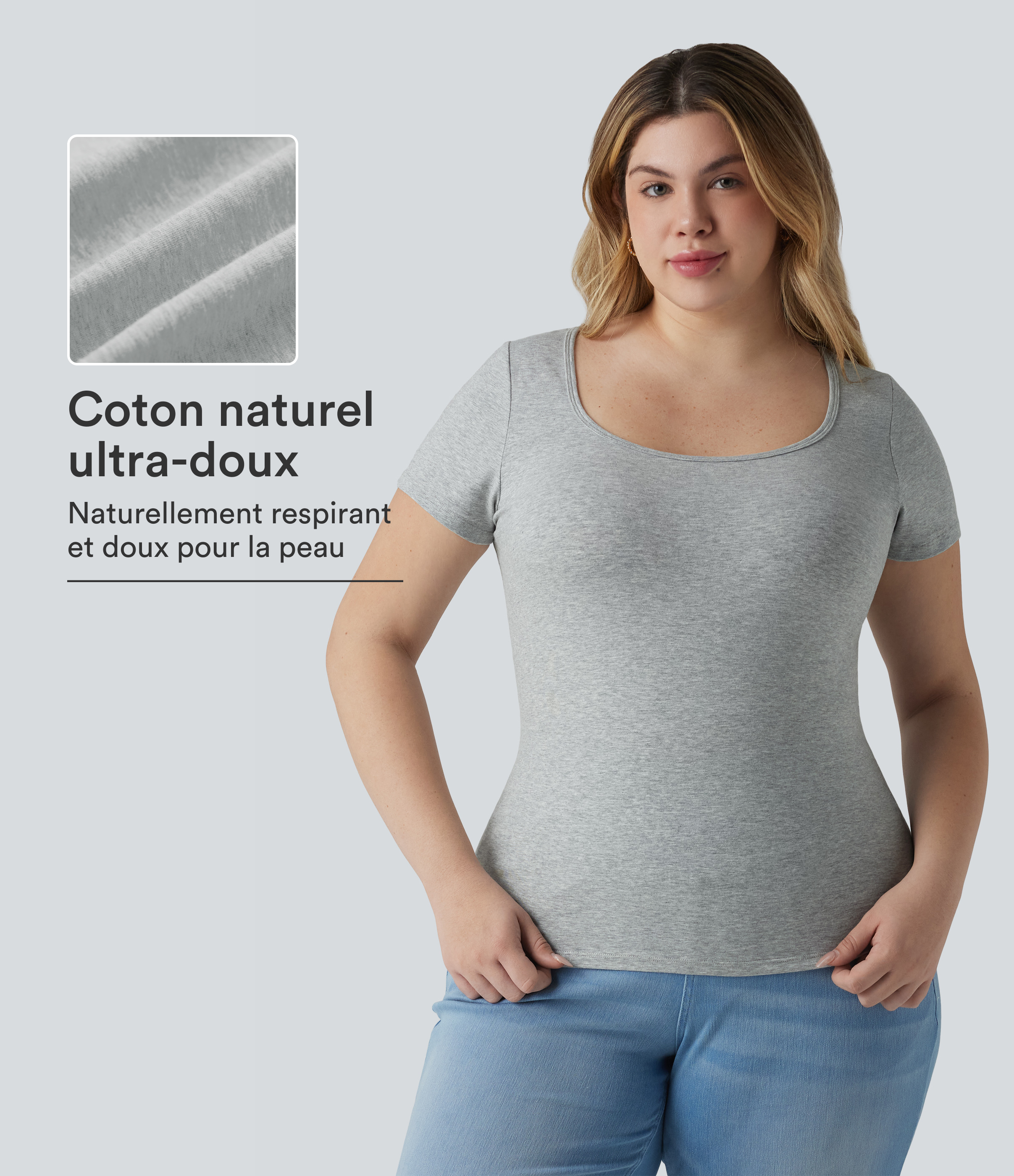 T-shirt Halara grande taille décontracté en jersey de coton coupe ultra-ajustée effet chiné, col carré, manches courtes