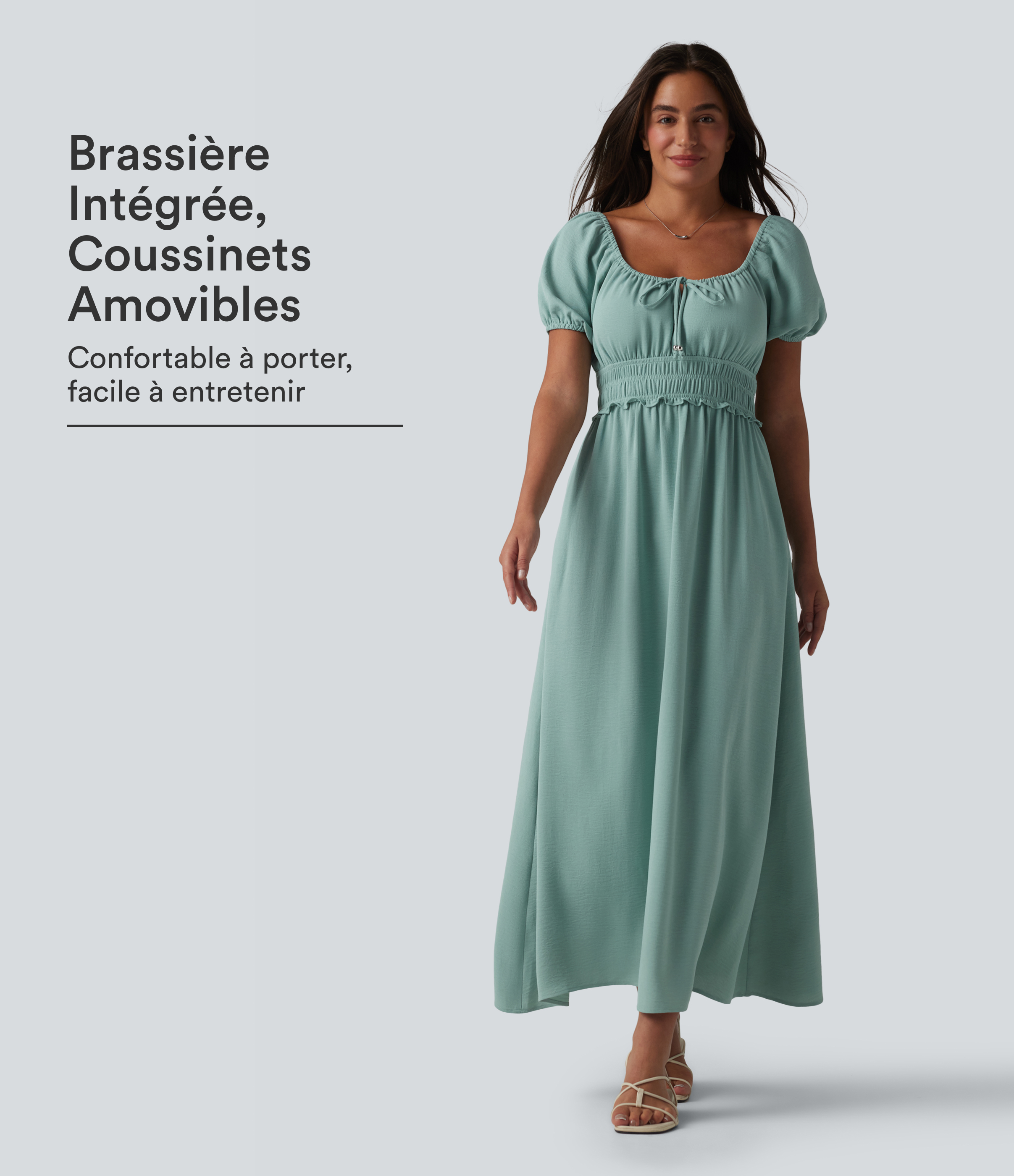Robe longue fluide et décontractée en lin, à col carré, manches bouffantes, soutien-gorge intégré froncé et poches