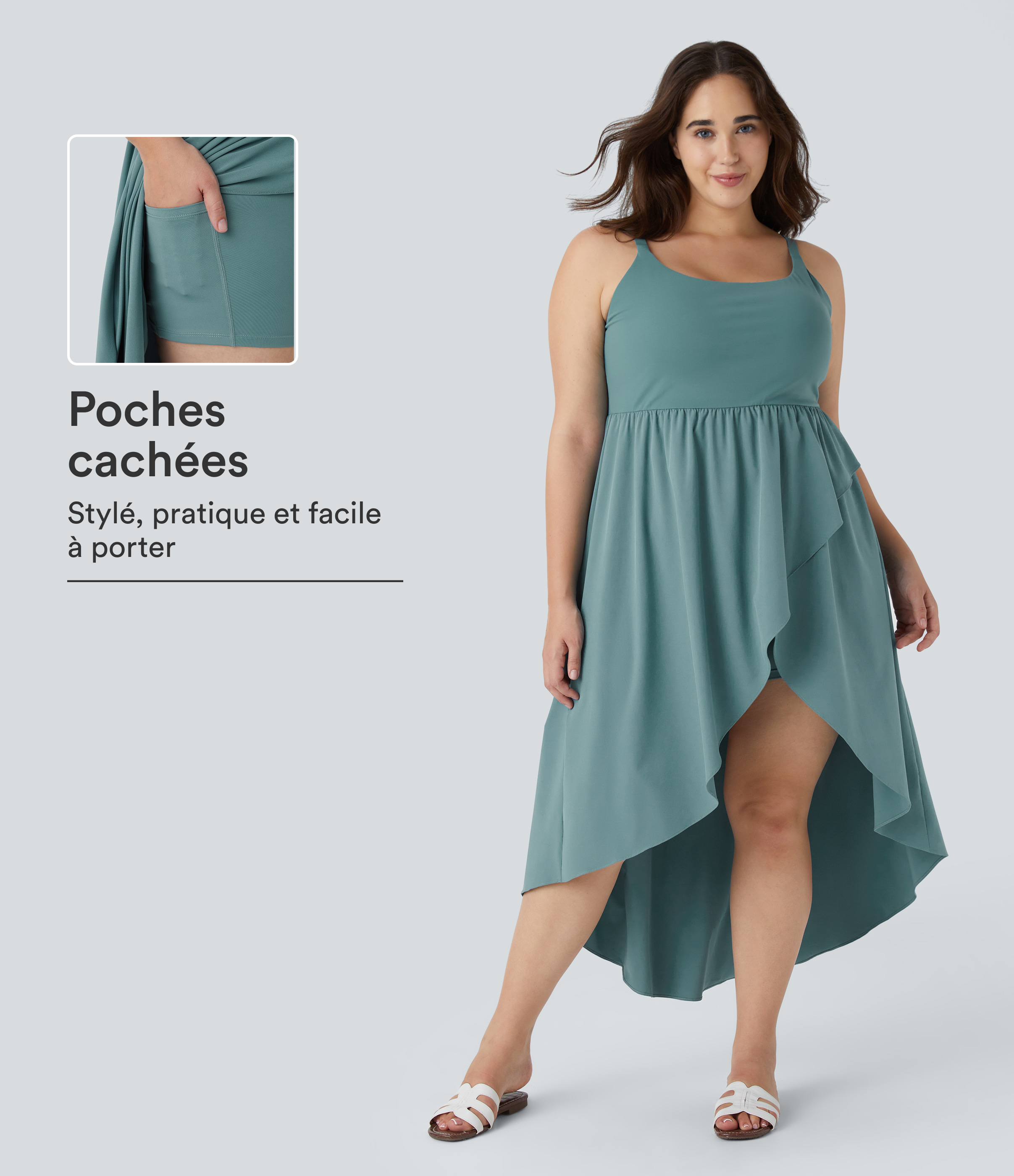 Breezeful ™ Dos Nu Asymétrique Ourlet Croisé 2 Pièces Poche Latérale Fluide Midi Séchage Rapide Casual Robe Grande Taille