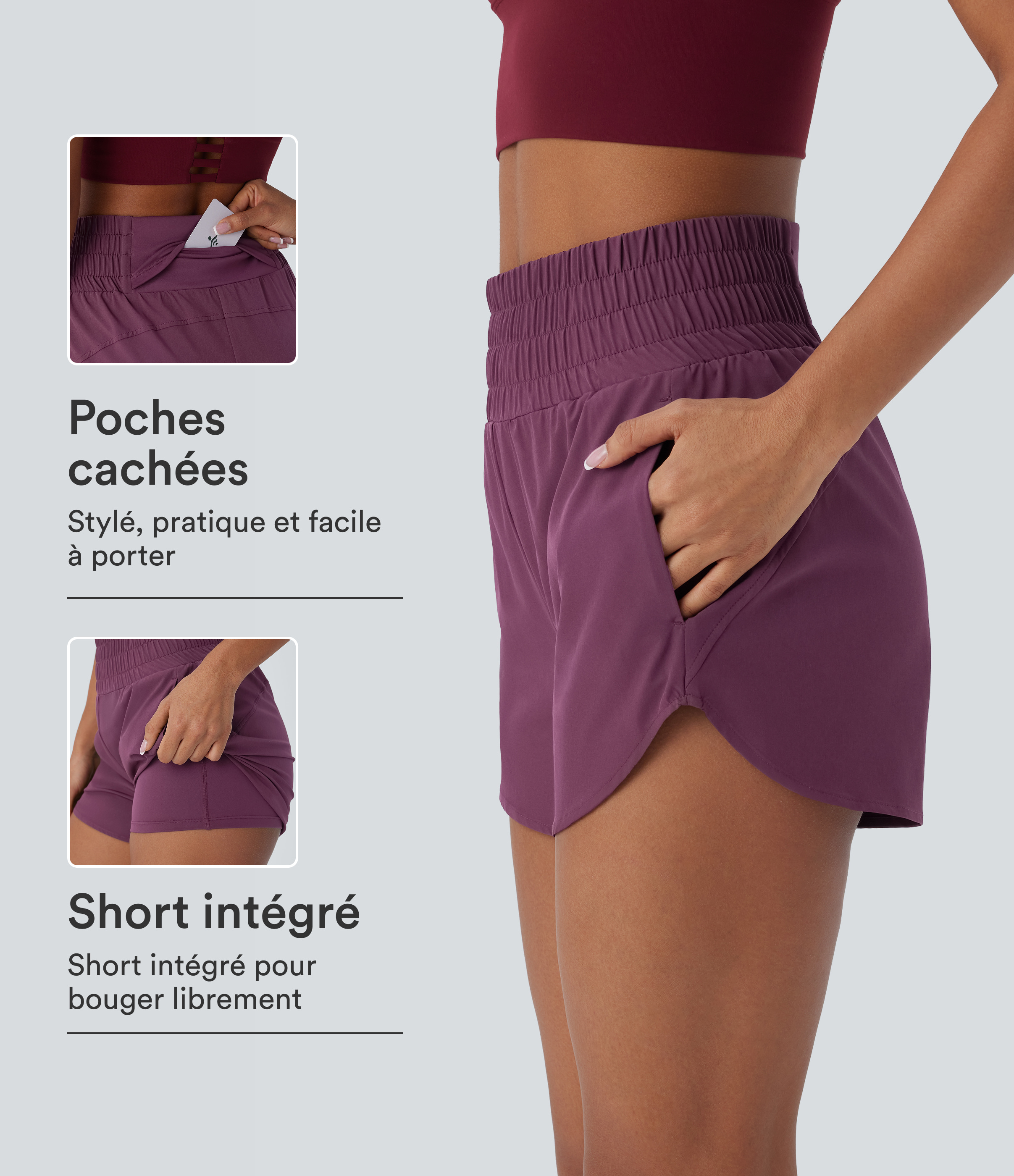 Short de course à pied Breezeful™ 2-en-1 séchage rapide, taille haute à poches multiples, ourlet arrondi 8,8cm